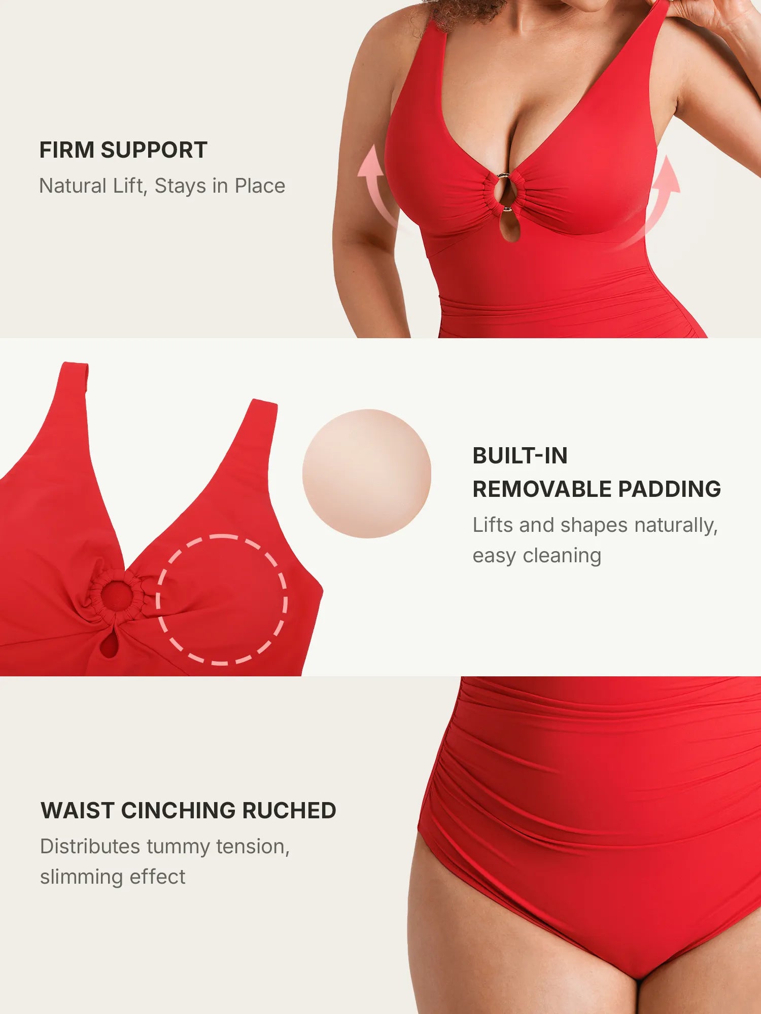 Deep V Metal Ring Ruched Sculpting Swimsuit