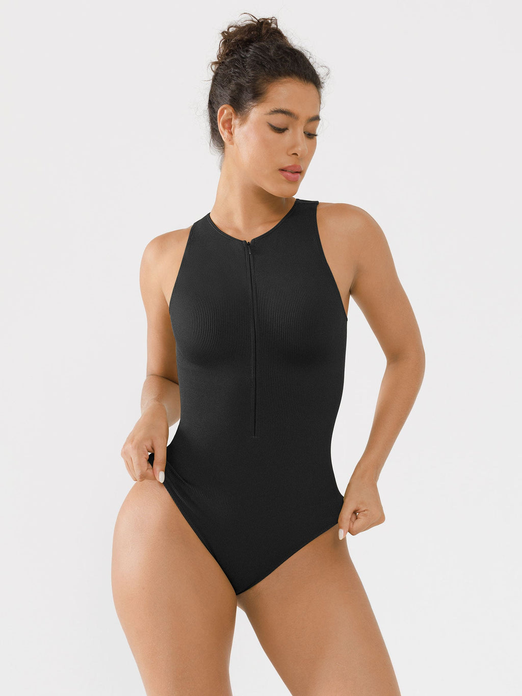 Crew Neck Invisible Zip Ribbed Seamless Bodysuit