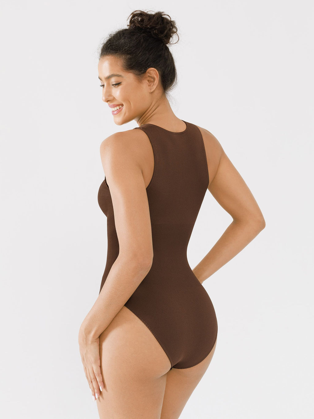 Crew Neck Invisible Zip Ribbed Seamless Bodysuit