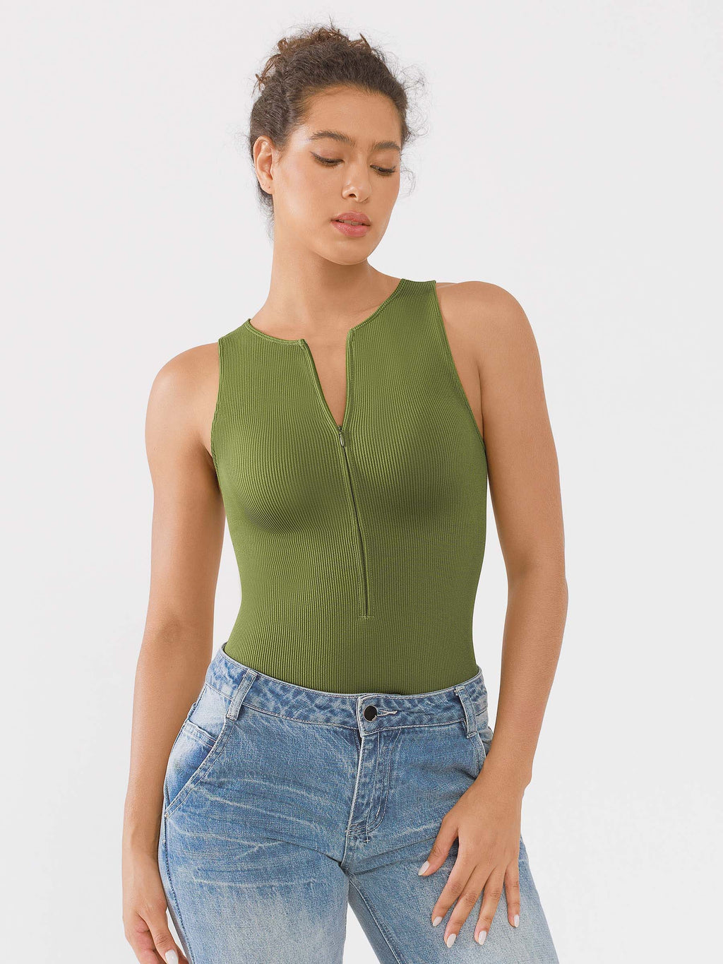 Crew Neck Invisible Zip Ribbed Seamless Bodysuit