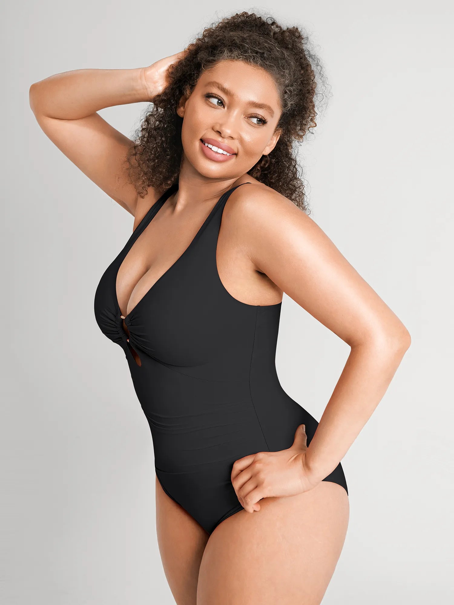 Deep V Metal Ring Ruched Sculpting Swimsuit