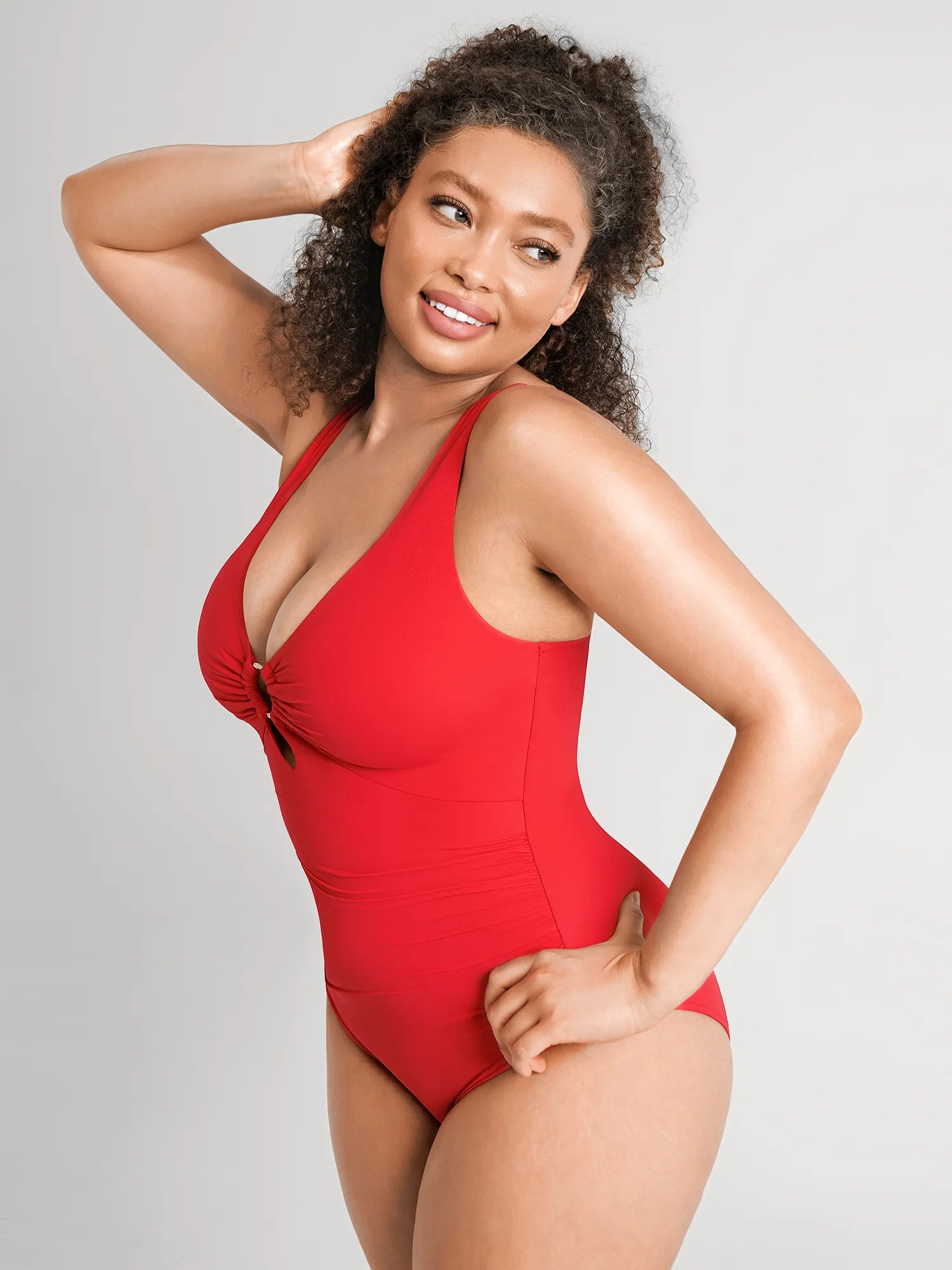 Deep V Metal Ring Ruched Sculpting Swimsuit
