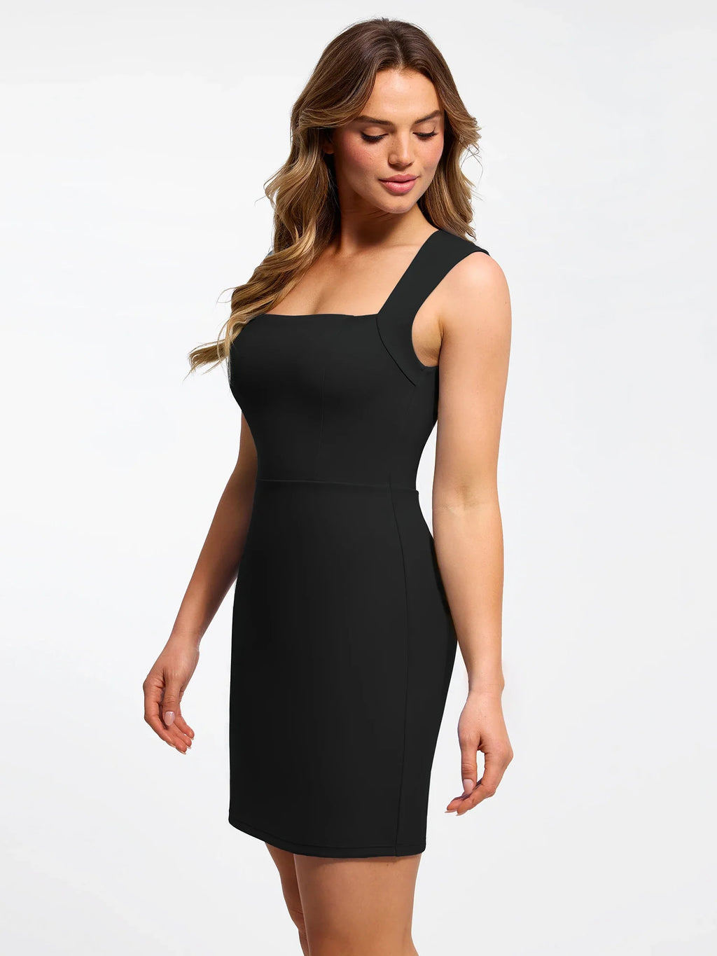 Popilush Shapewear Cut-in Square Neck Sculpting Midi Dress
