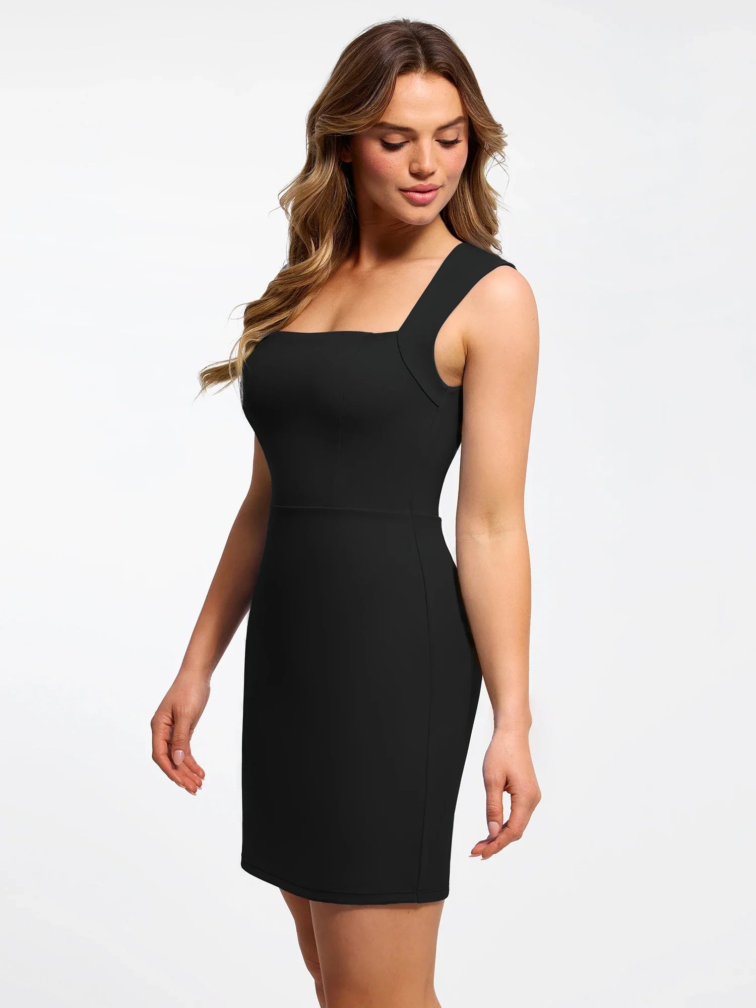 Popilush Shapewear Cut-in Square Neck Sculpting Midi Dress