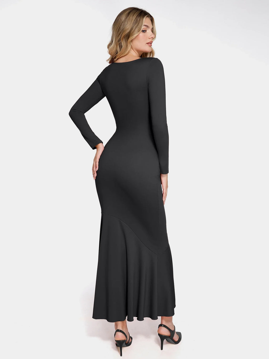 Popilush Shapewear Long Sleeve Lace Trim Sculpting Mermaid Maxi Dress