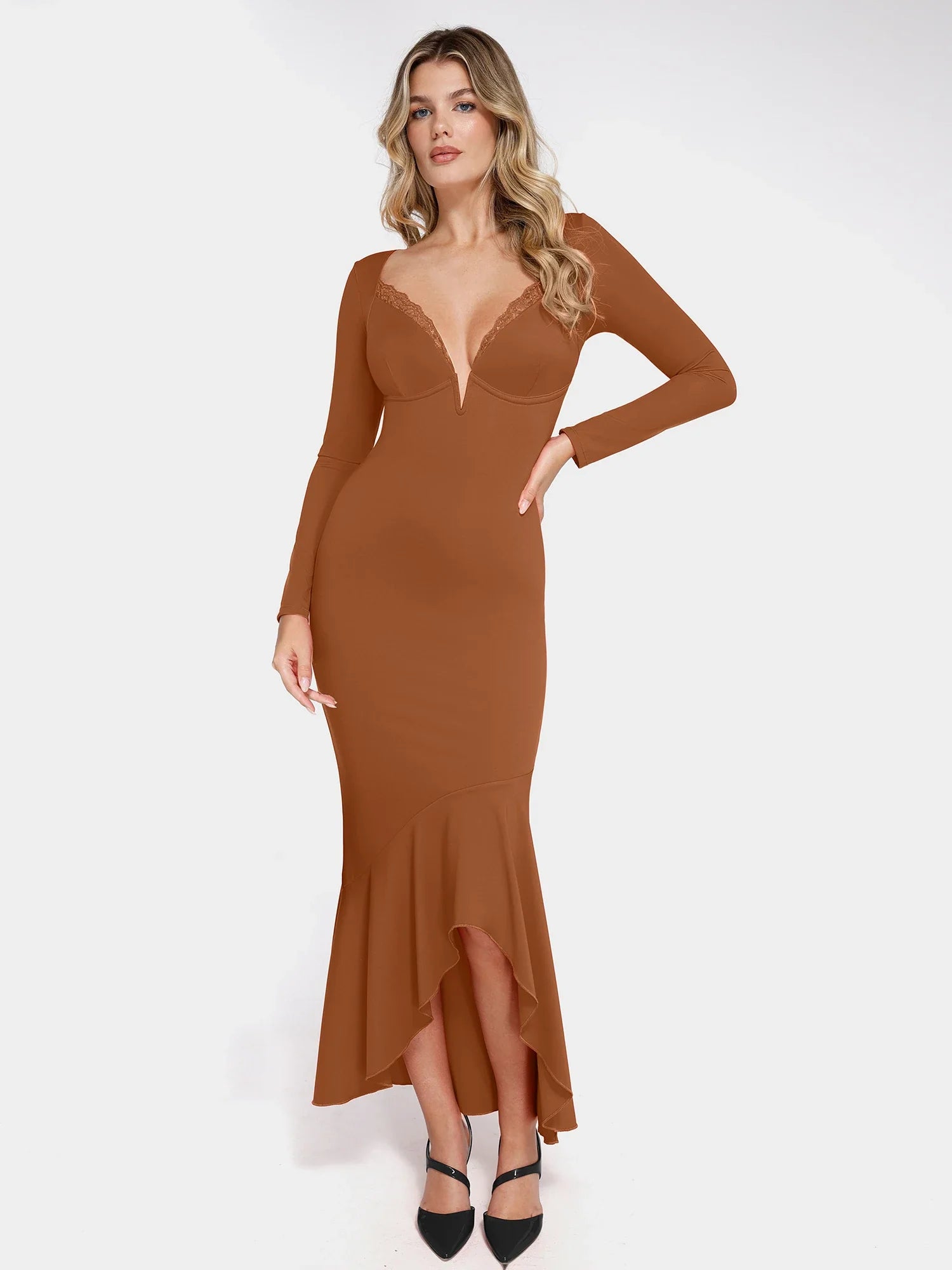 Popilush Shapewear Long Sleeve Lace Trim Sculpting Mermaid Maxi Dress
