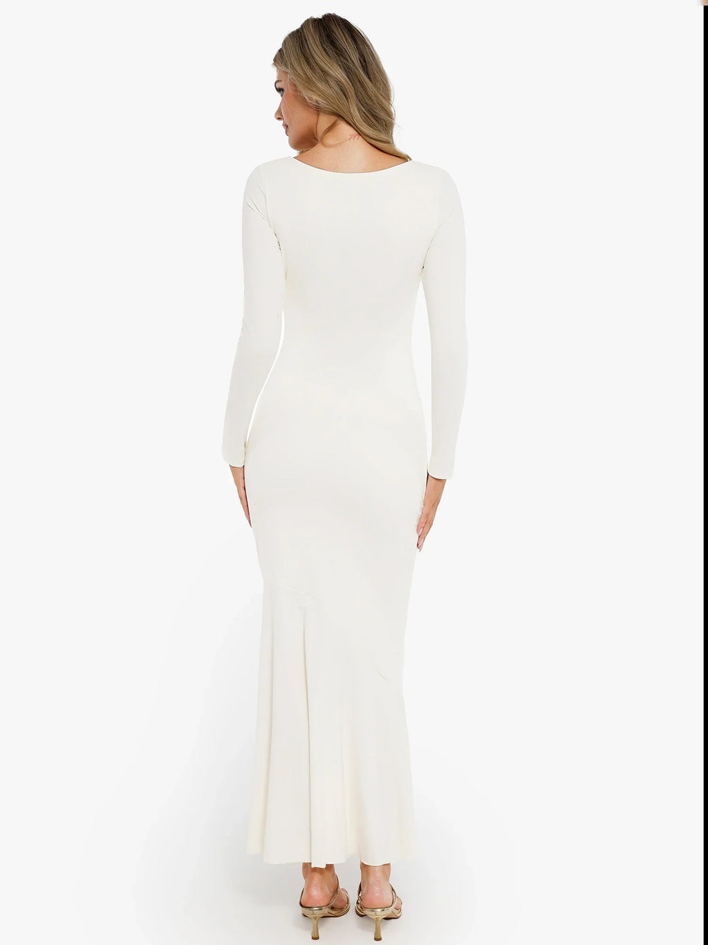 Popilush Shapewear Long Sleeve Lace Trim Sculpting Mermaid Maxi Dress