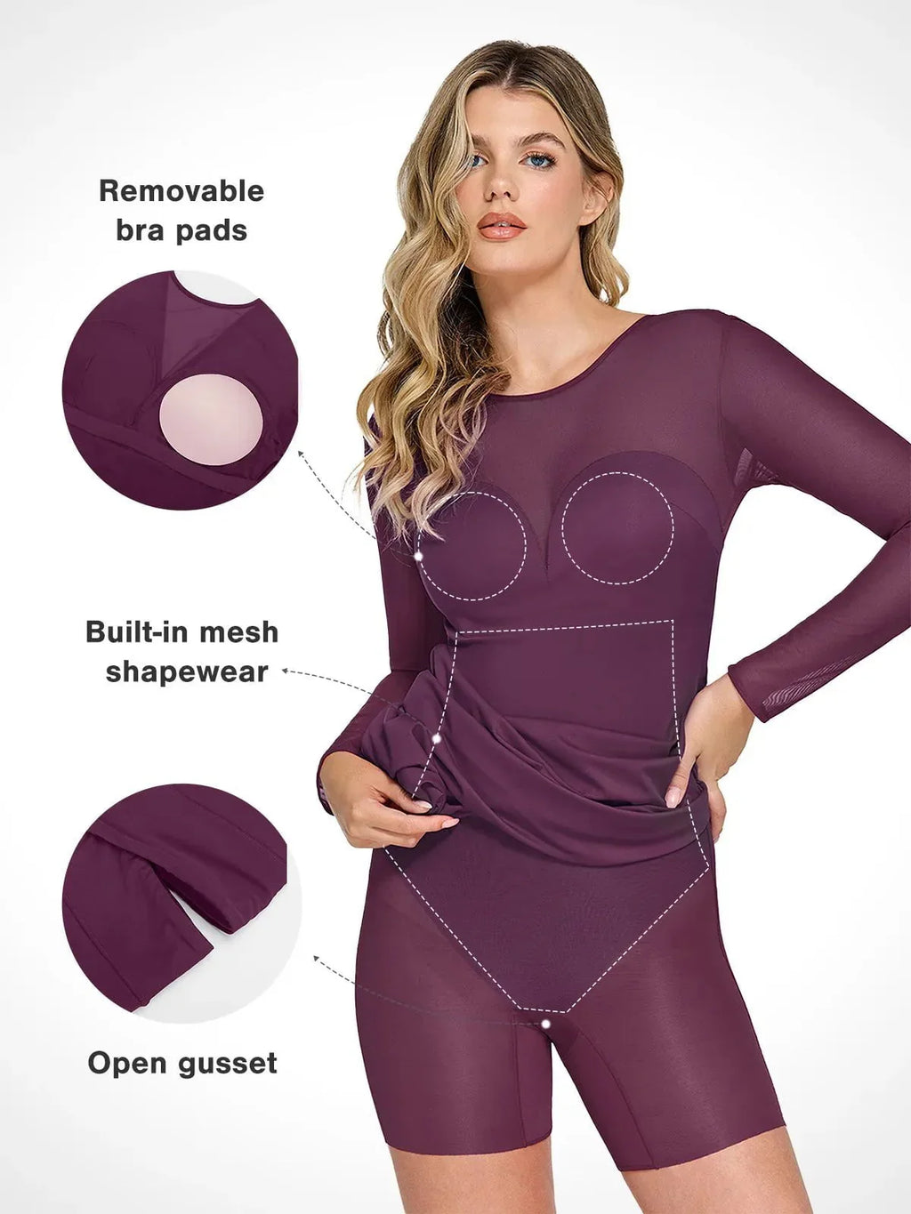 Popilush Shapewear Mesh Long Sleeve V-Back Slimming Maxi Dress