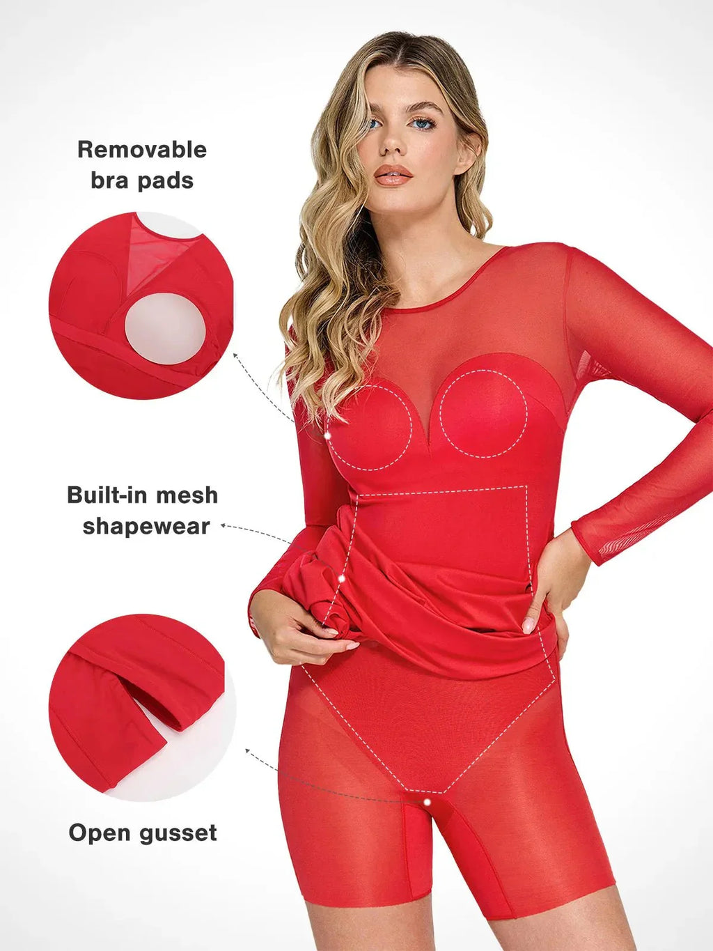 Popilush Shapewear Mesh Long Sleeve V-Back Slimming Maxi Dress
