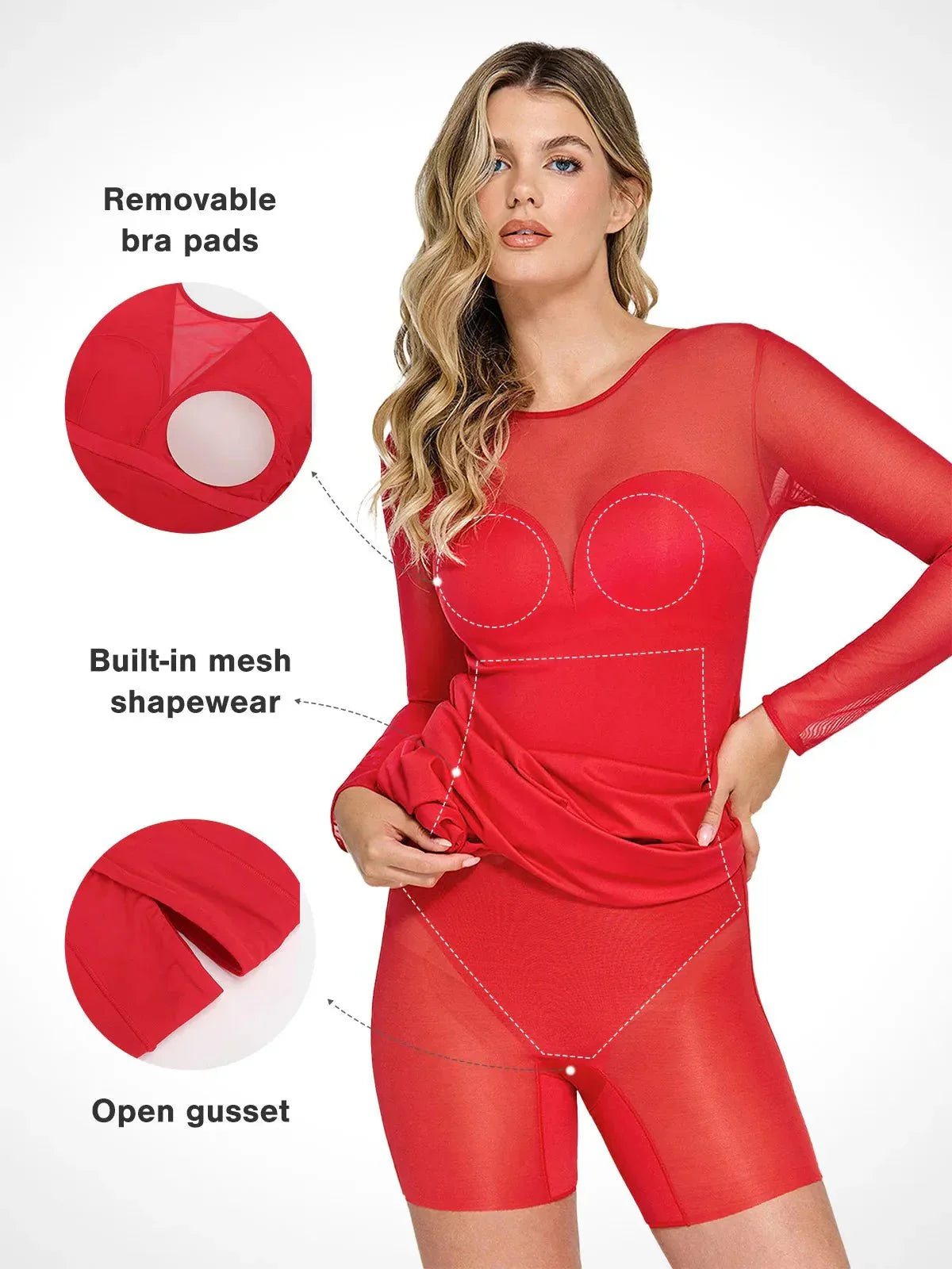 Popilush Shapewear Mesh Long Sleeve V-Back Slimming Maxi Dress