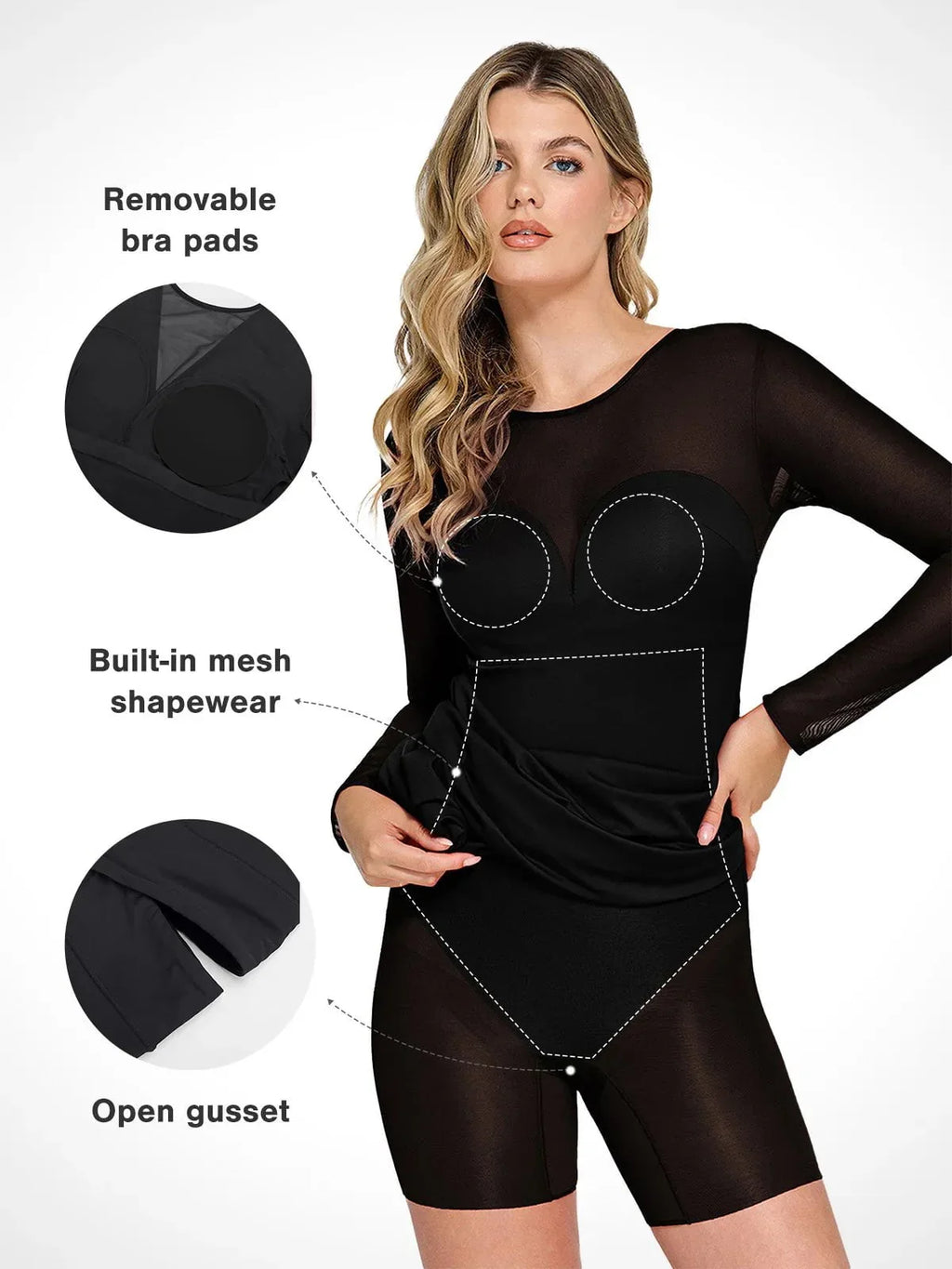 Popilush Shapewear Mesh Long Sleeve V-Back Slimming Maxi Dress