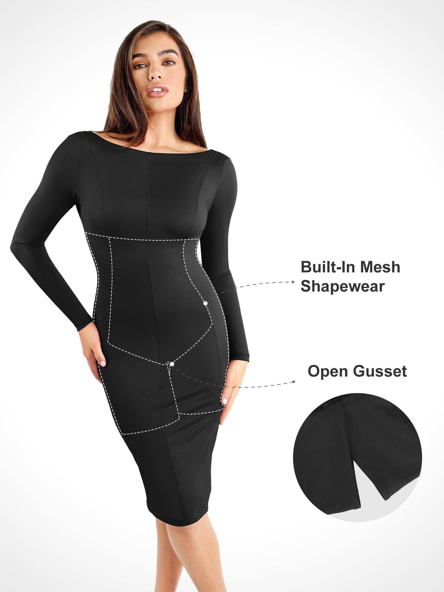 Popilush Shapewear Long Sleeve Boat Neck Sculpting Midi Dress