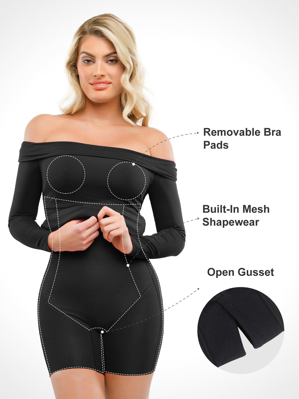 Popilush Shapewear Long Sleeve Off-the-Shoulder Bodycon Mini Dress