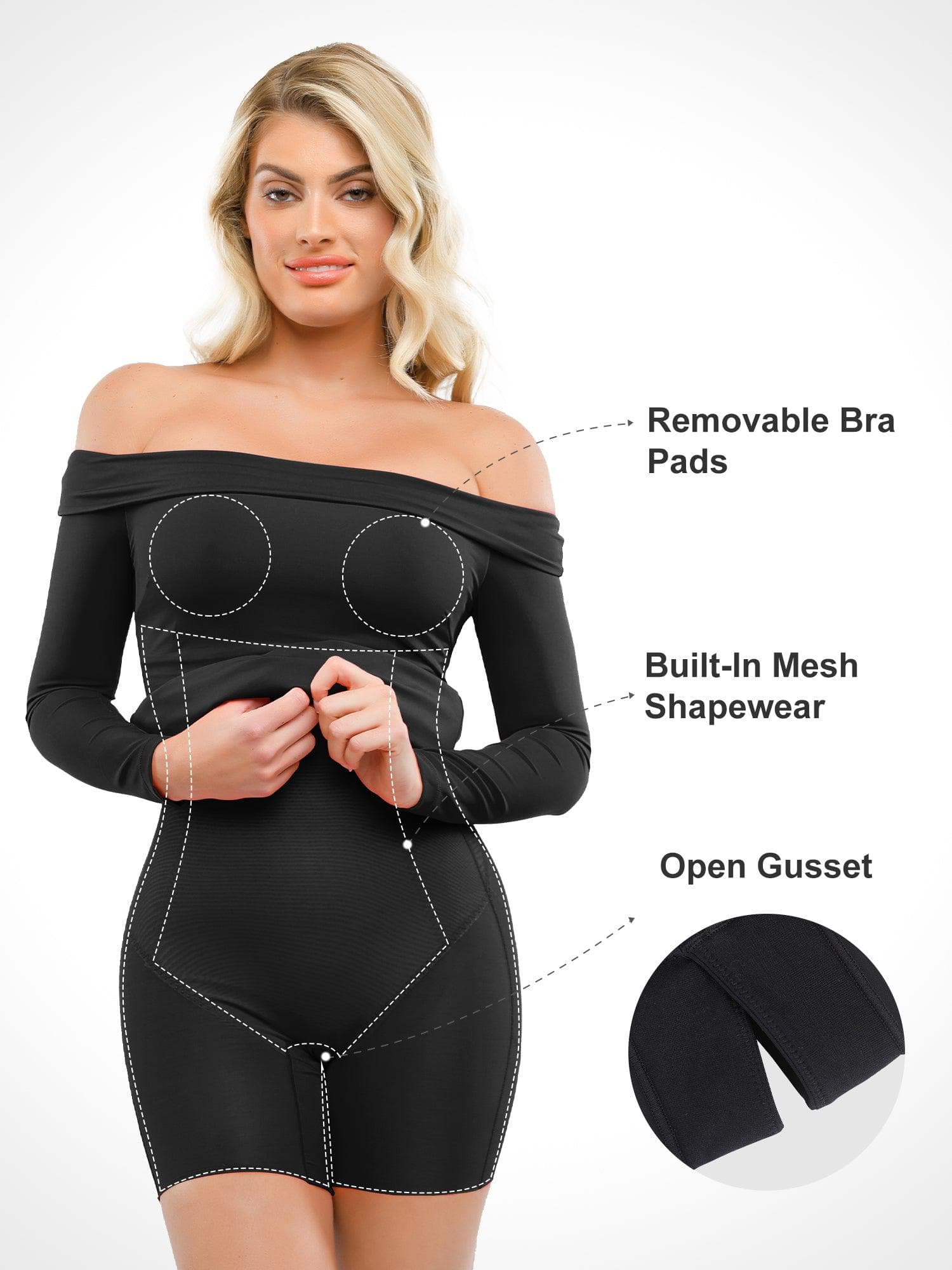 Popilush Shapewear Long Sleeve Off-the-Shoulder Bodycon Mini Dress