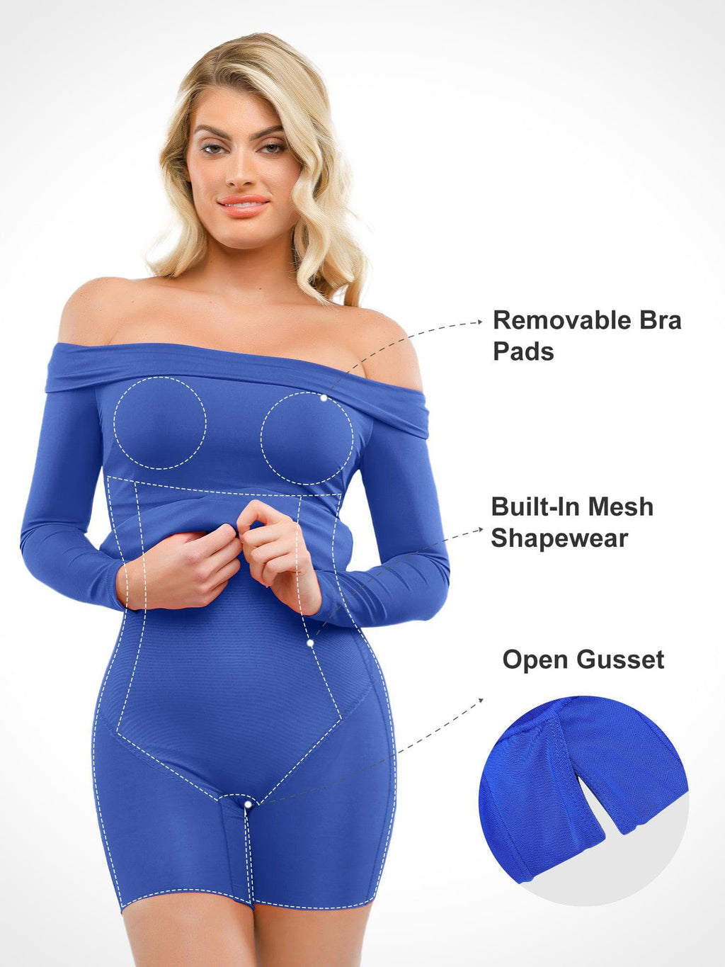 Popilush Shapewear Long Sleeve Off-the-Shoulder Bodycon Mini Dress