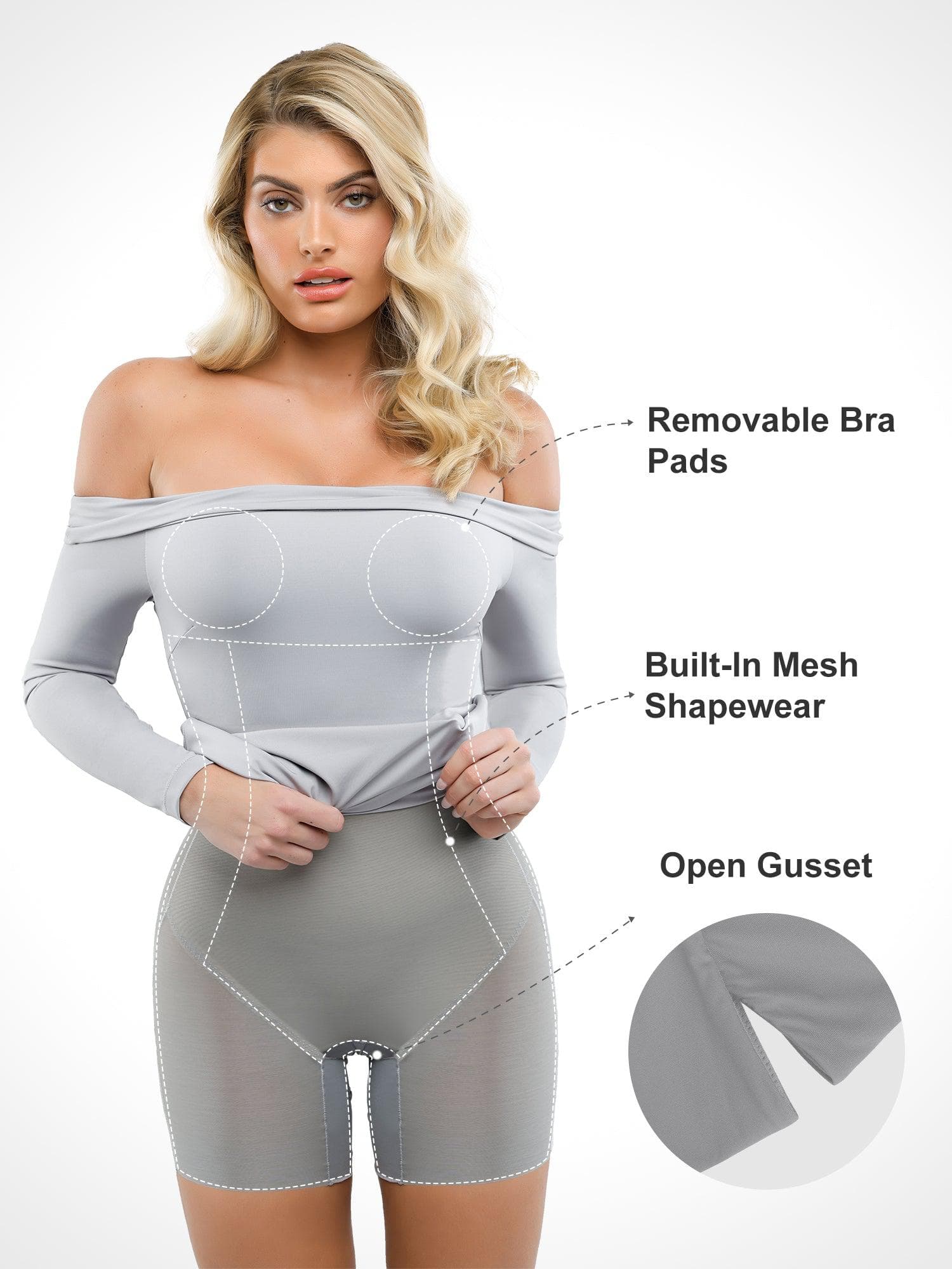 Popilush Shapewear Long Sleeve Off-the-Shoulder Bodycon Mini Dress