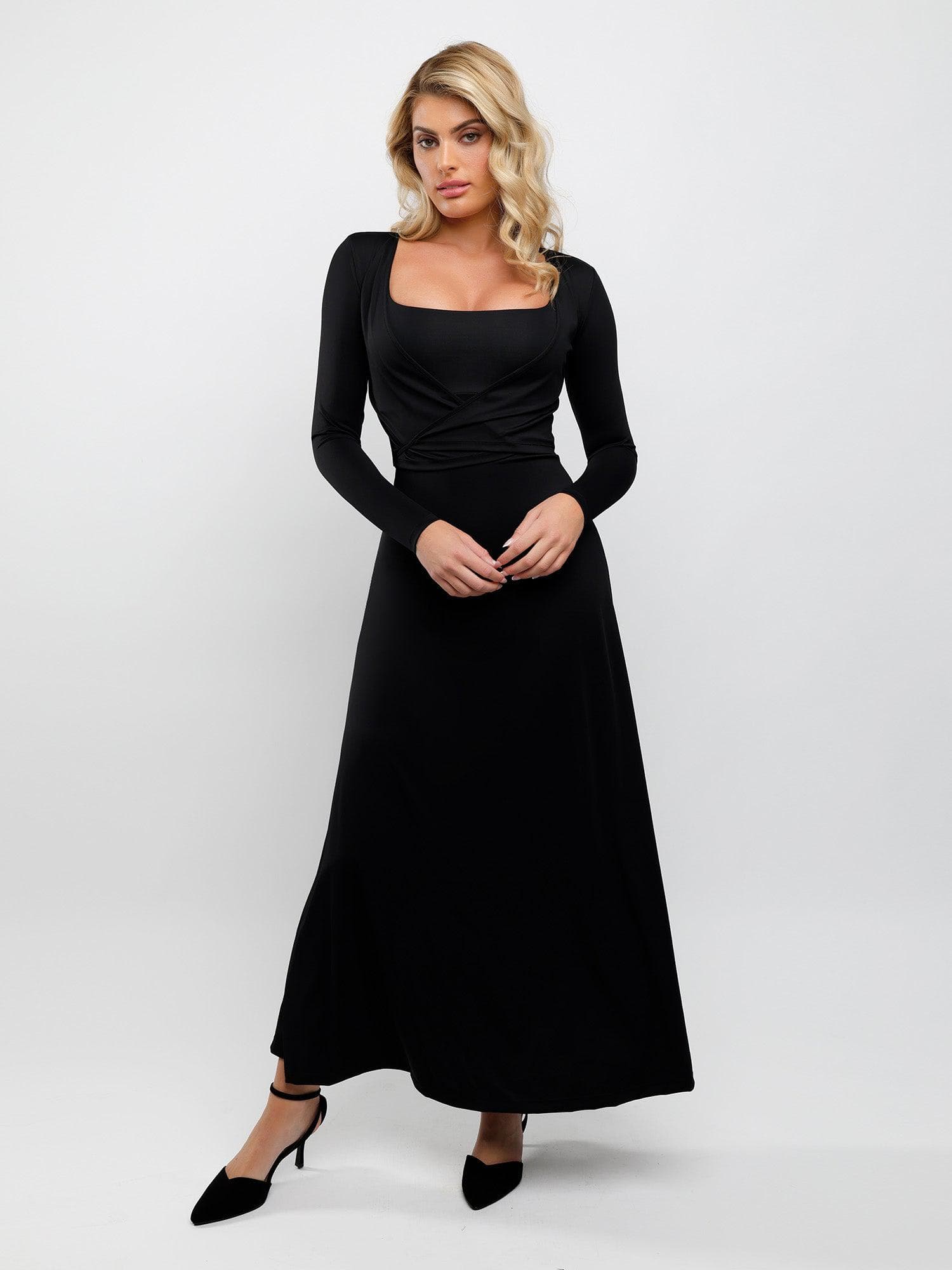 Popilush Shapewear Sleeveless Square Neck Houglass A-Line Maxi Dress