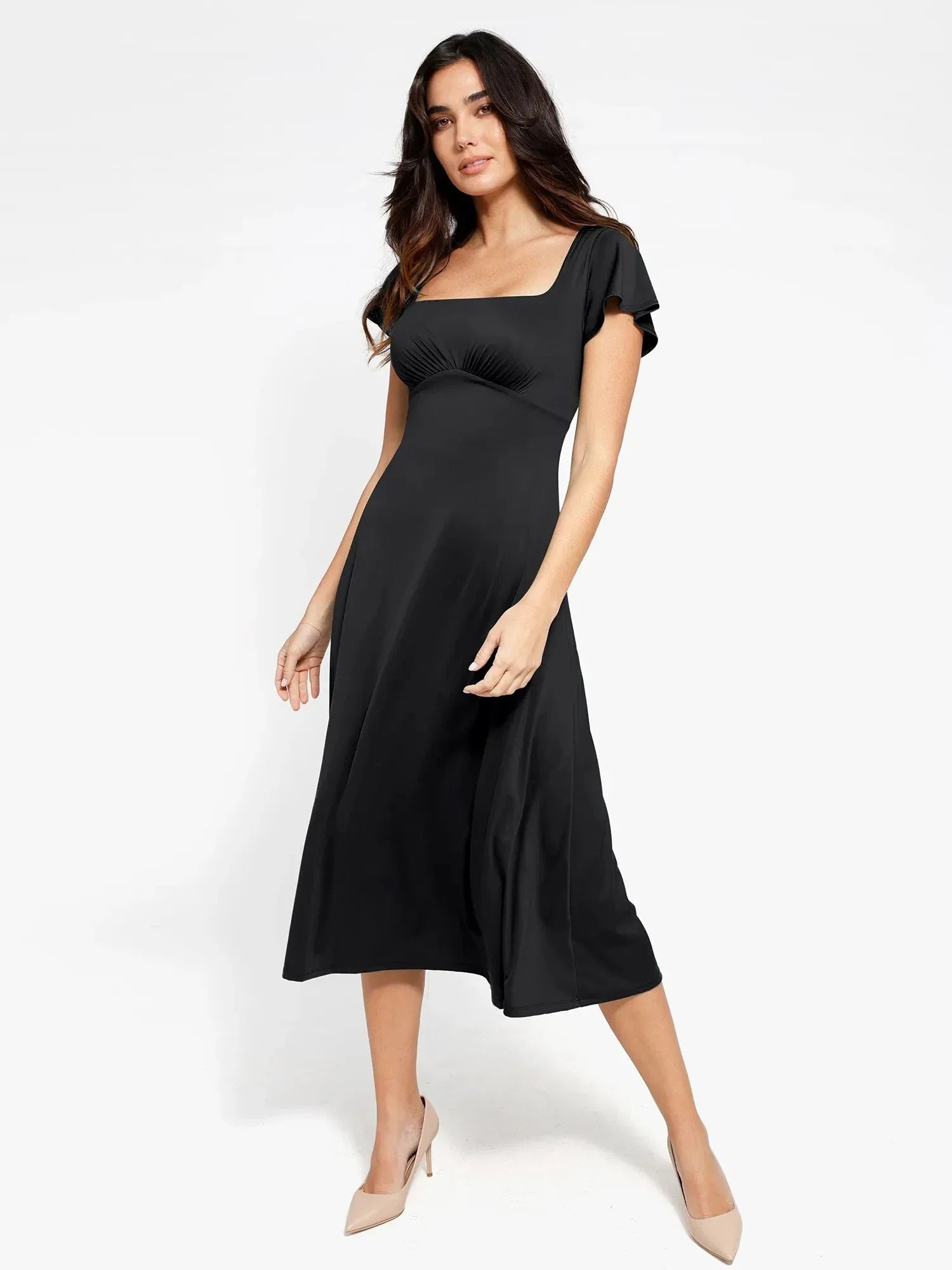Popilush Shapewear Flutter Sleeve Sculpting A-Line Midi Dress