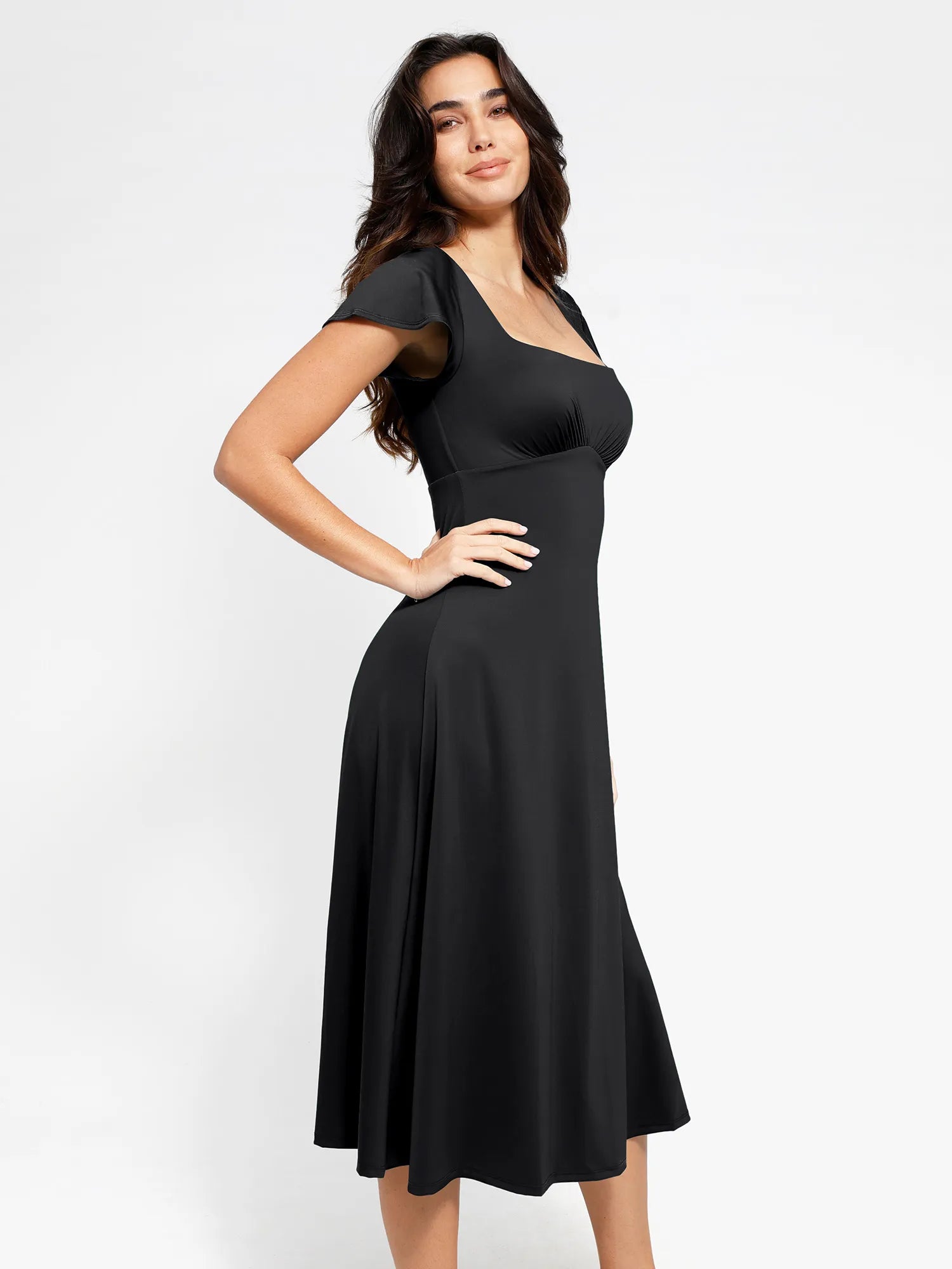 Popilush Shapewear Flutter Sleeve Sculpting A-Line Midi Dress