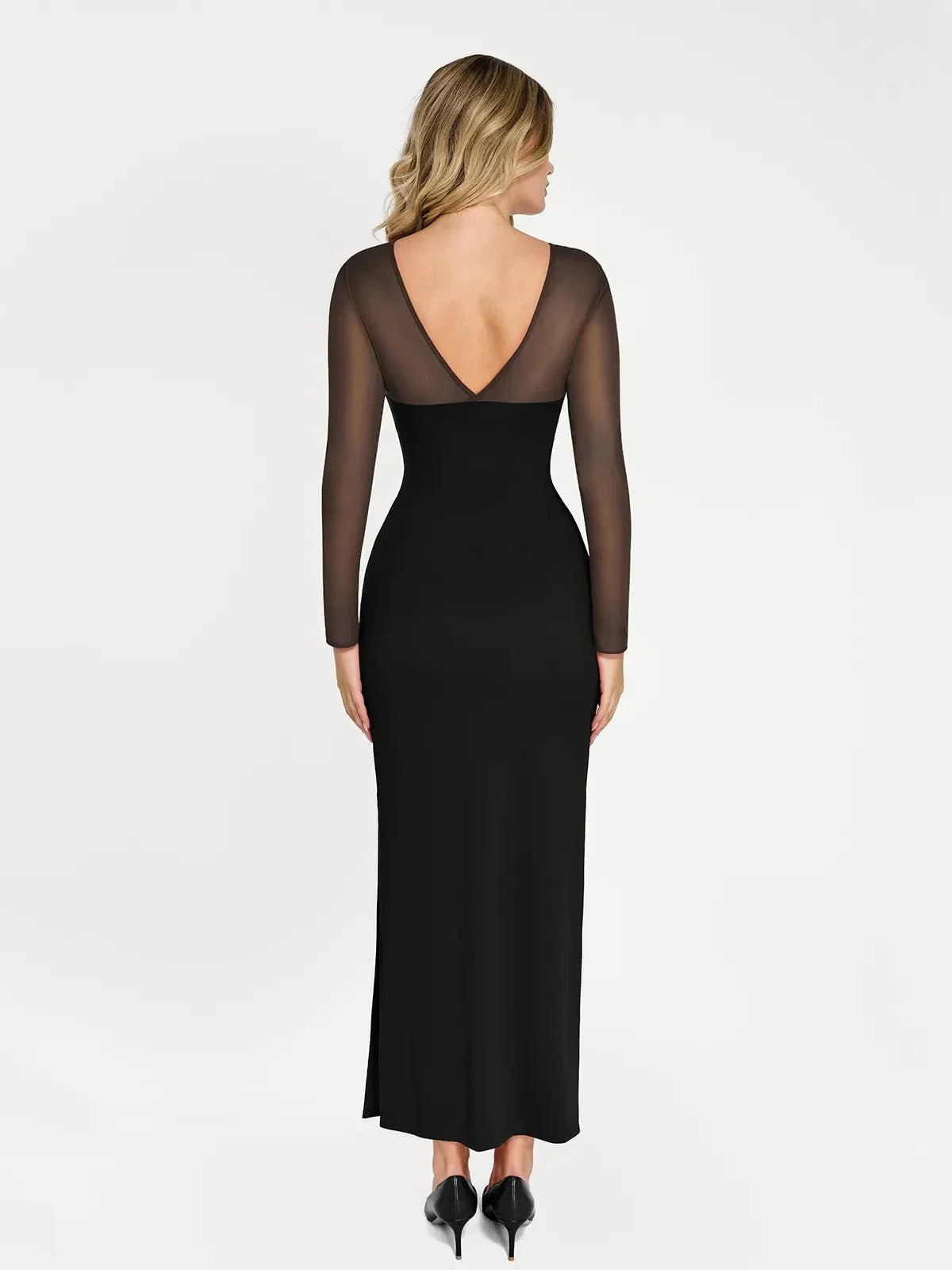 Popilush Shapewear Mesh Long Sleeve V-Back Slimming Maxi Dress