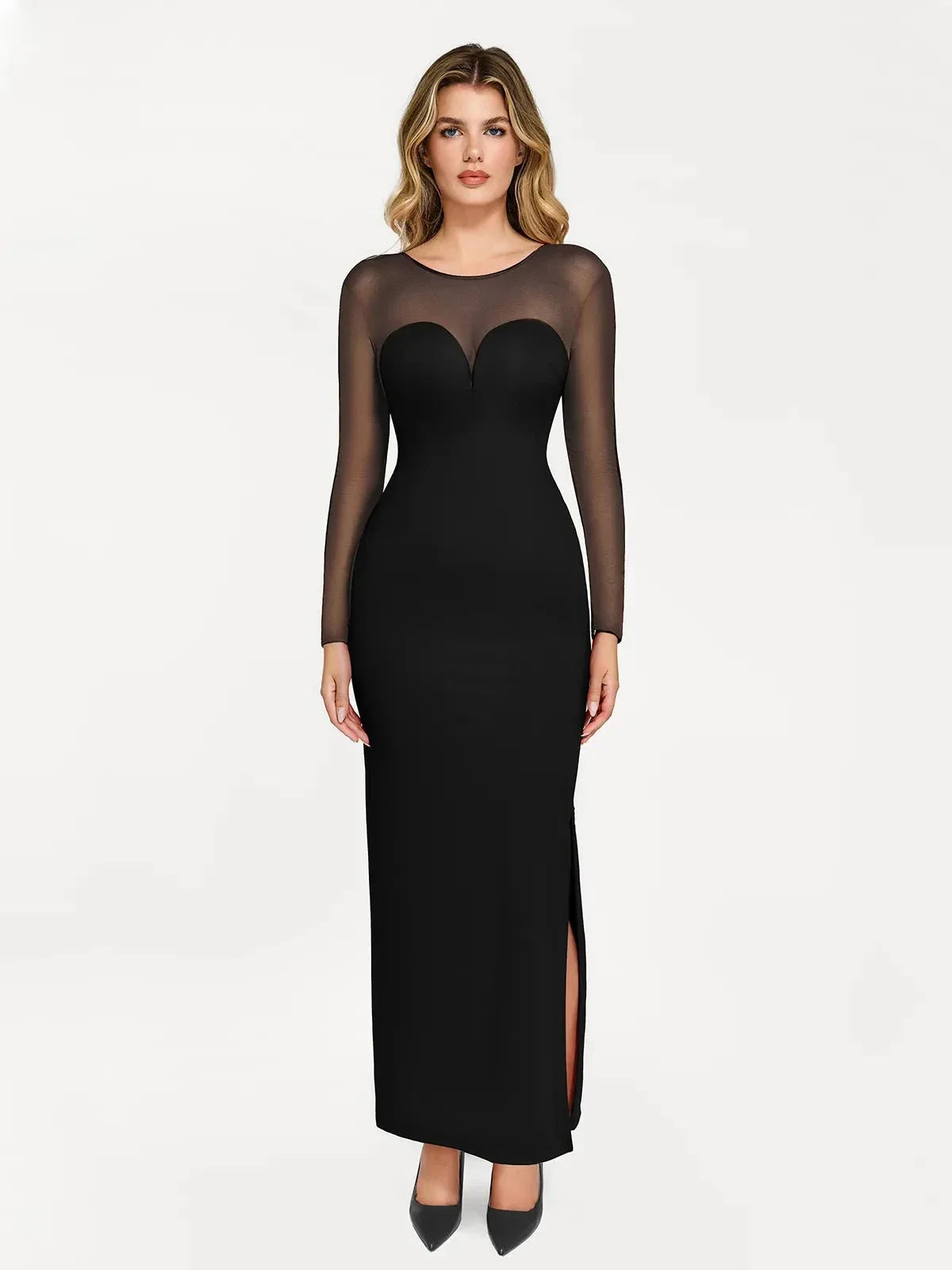 Popilush Shapewear Mesh Long Sleeve V-Back Slimming Maxi Dress