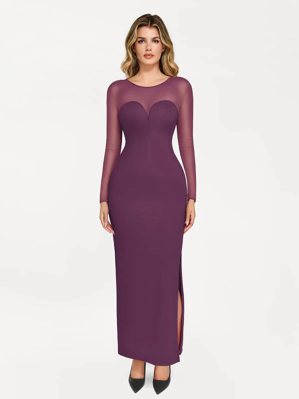 Popilush Shapewear Mesh Long Sleeve V-Back Slimming Maxi Dress