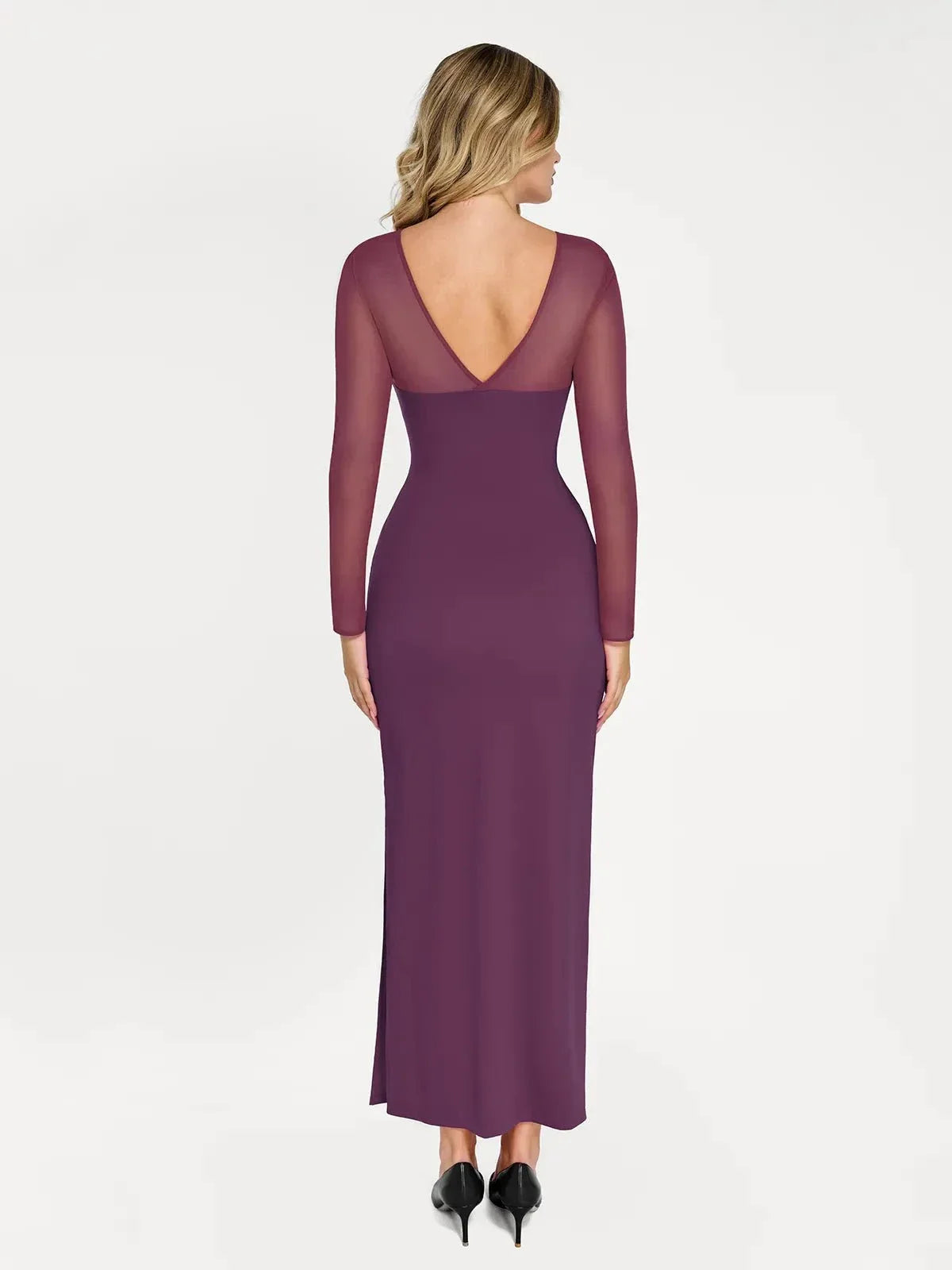 Popilush Shapewear Mesh Long Sleeve V-Back Slimming Maxi Dress