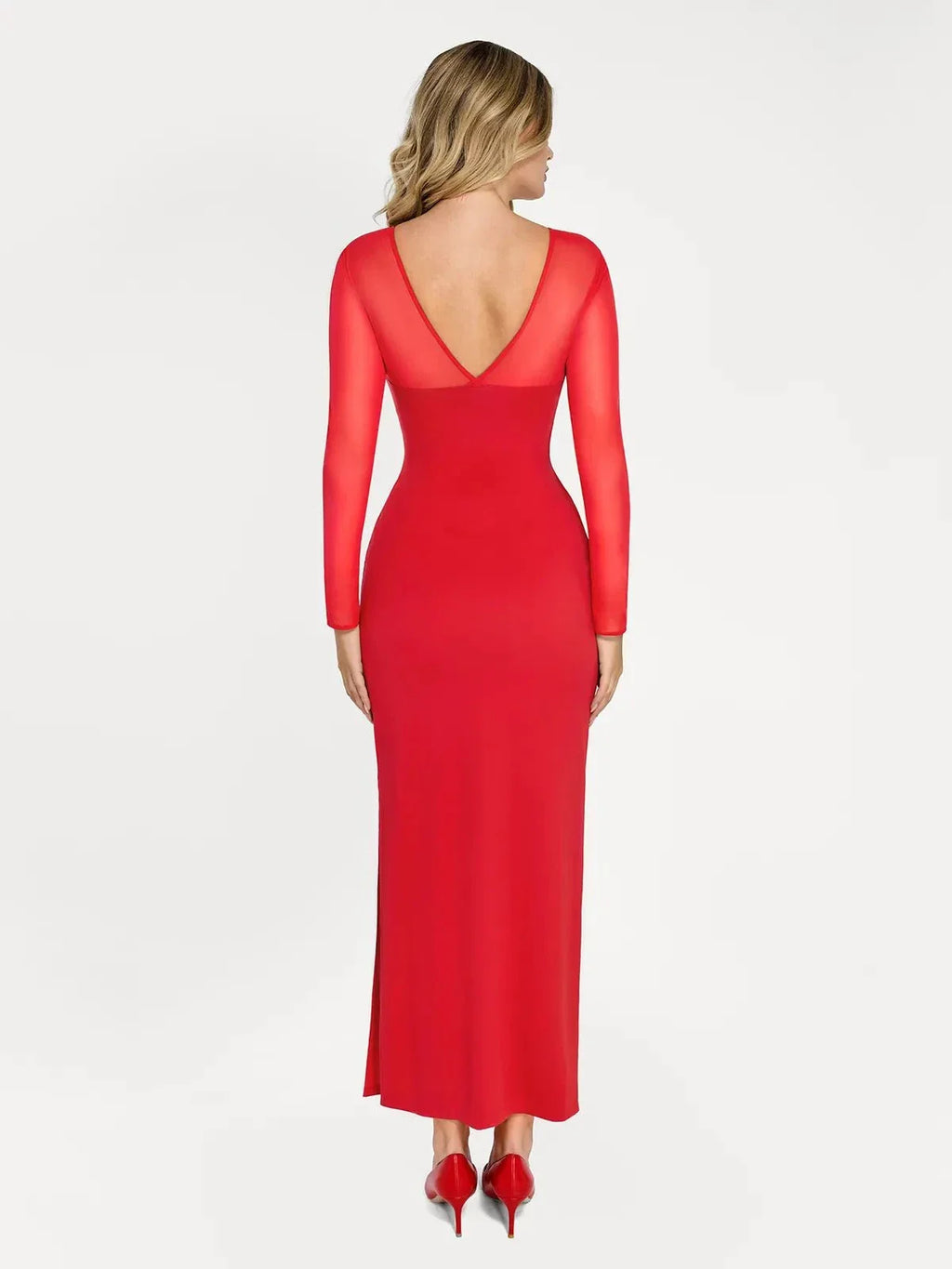 Popilush Shapewear Mesh Long Sleeve V-Back Slimming Maxi Dress