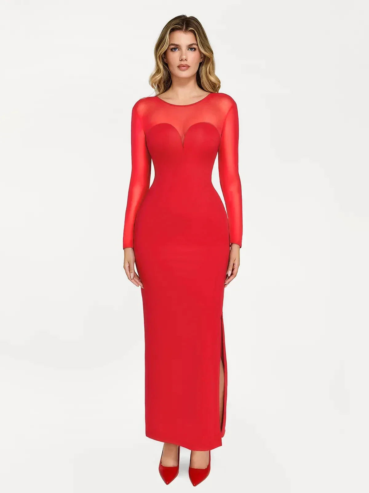 Popilush Shapewear Mesh Long Sleeve V-Back Slimming Maxi Dress