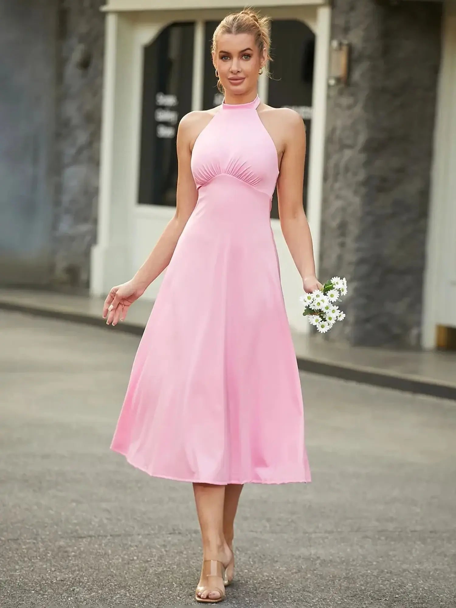 Popilush Shapewear Sculpting Backless Halter A-Line Midi Dress