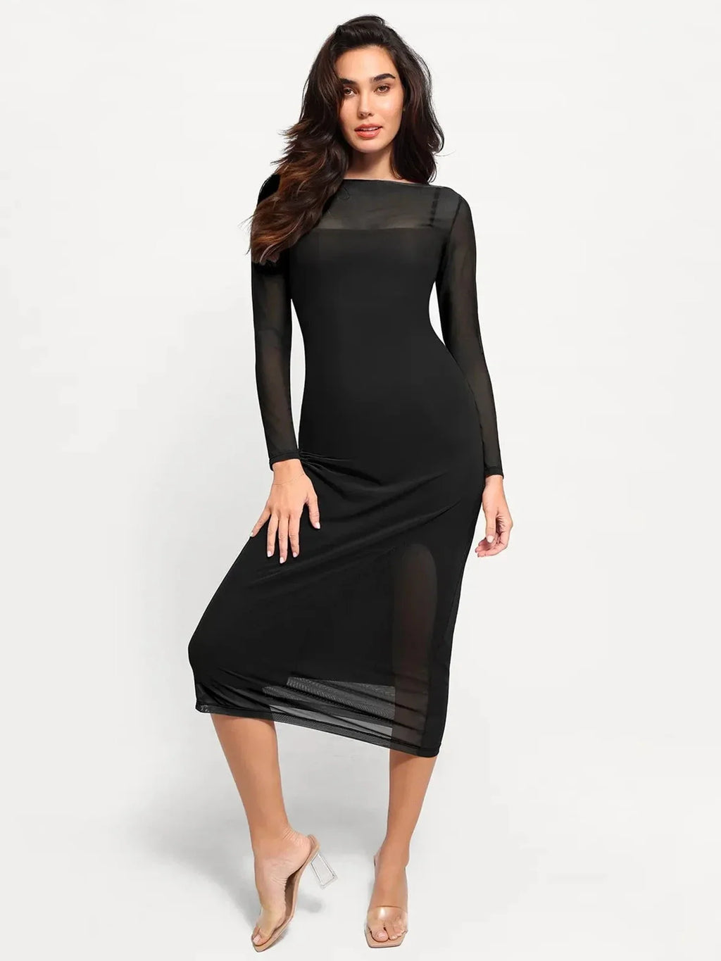 Popilush Shapewear Slimming Midi Dress and Sheer Mesh Overlay Set