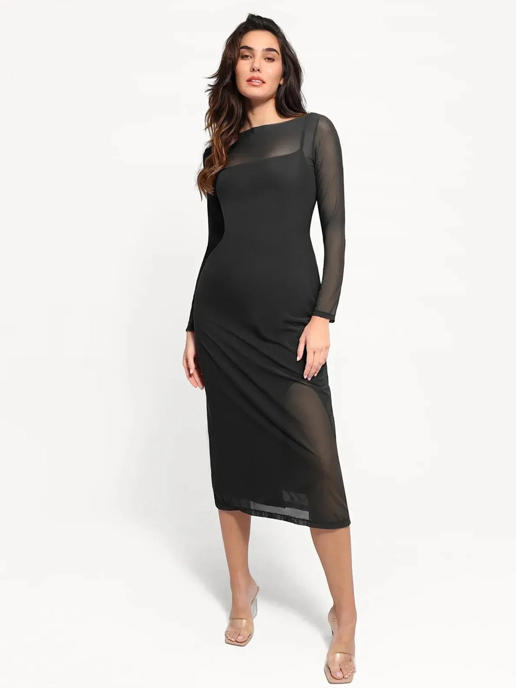 Popilush Shapewear Slimming Midi Dress and Sheer Mesh Overlay Set
