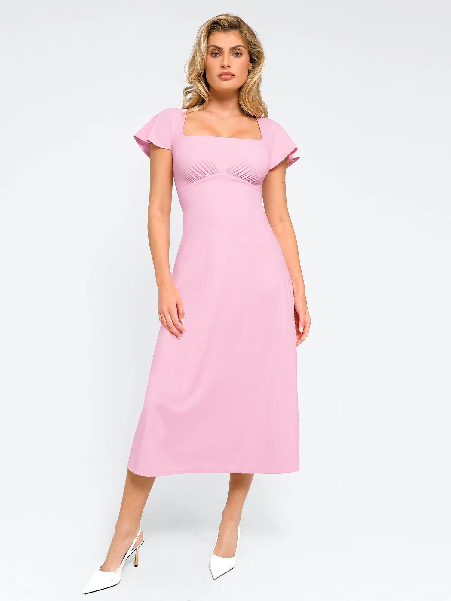 Popilush Shapewear Flutter Sleeve Sculpting A-Line Midi Dress