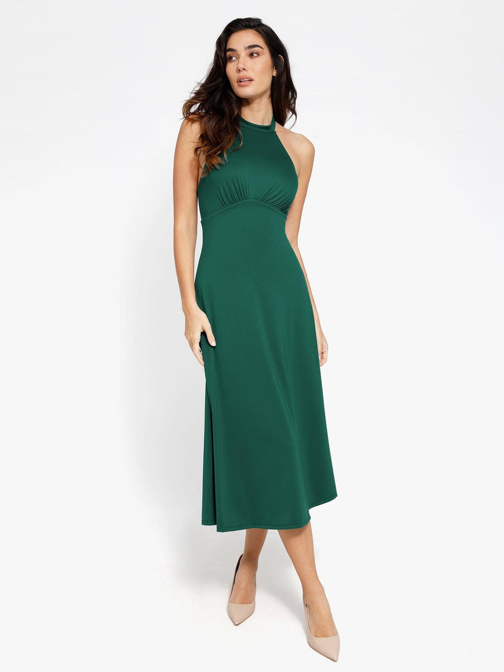 Popilush Shapewear Sculpting Backless Halter A-Line Midi Dress