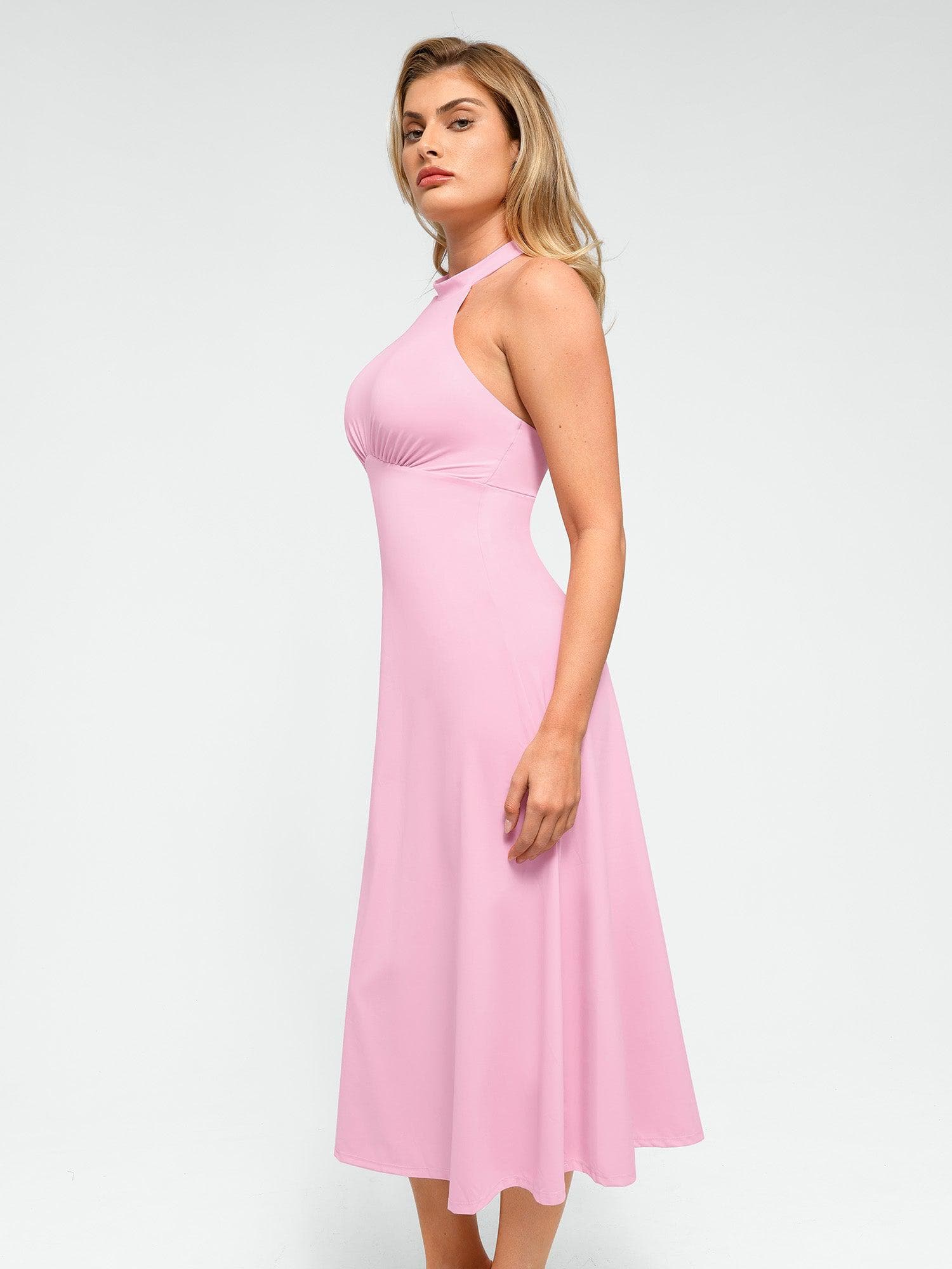 Popilush Shapewear Sculpting Backless Halter A-Line Midi Dress