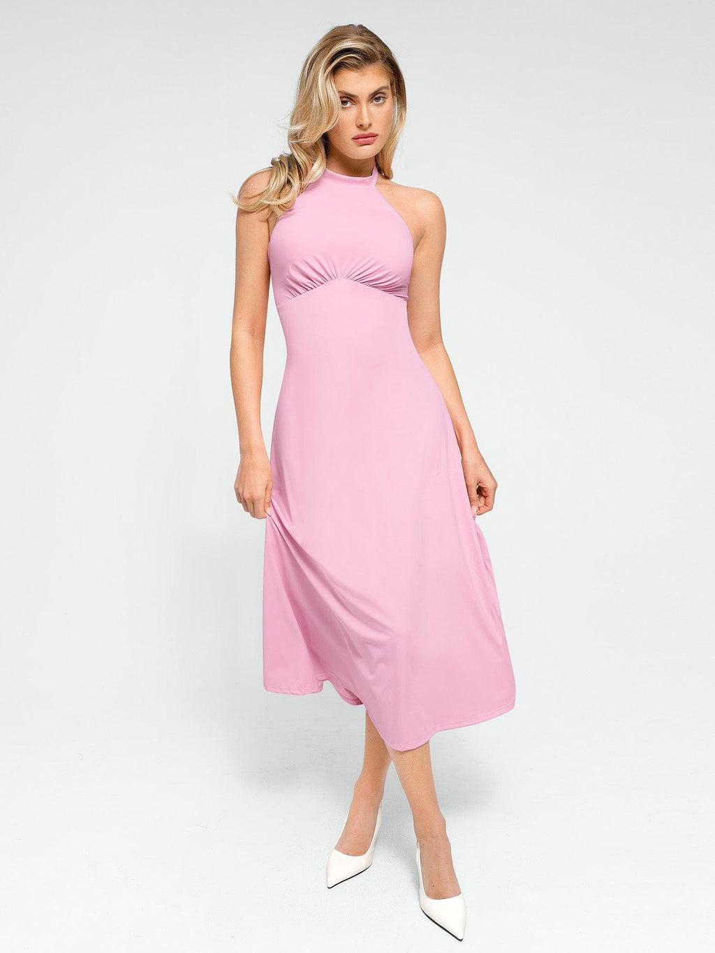 Popilush Shapewear Sculpting Backless Halter A-Line Midi Dress