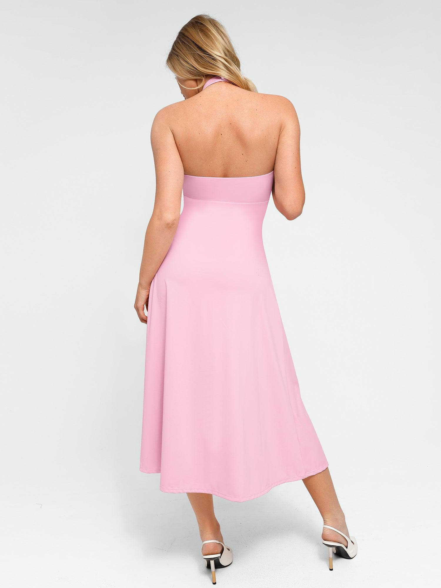 Popilush Shapewear Sculpting Backless Halter A-Line Midi Dress