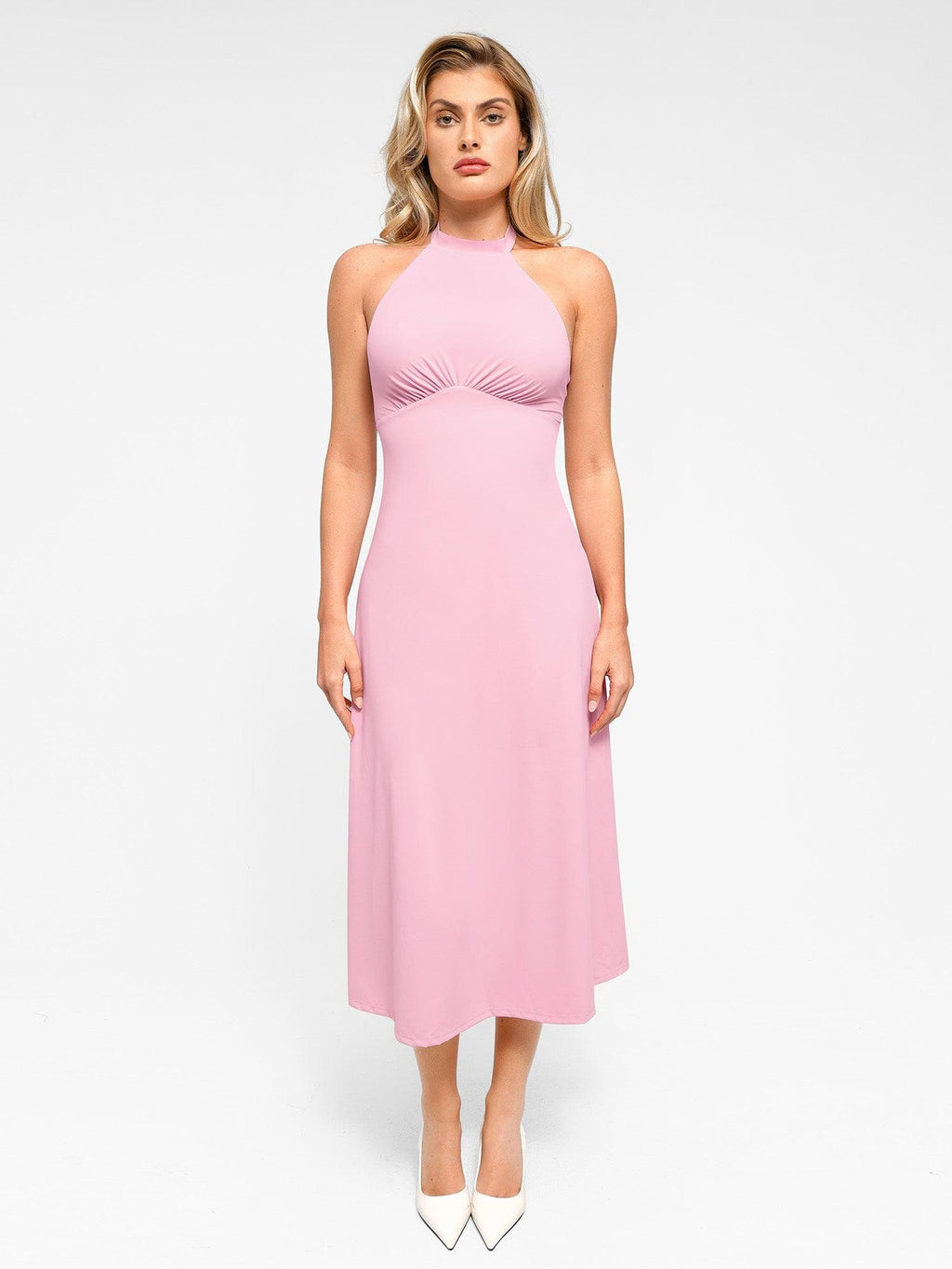 Popilush Shapewear Sculpting Backless Halter A-Line Midi Dress