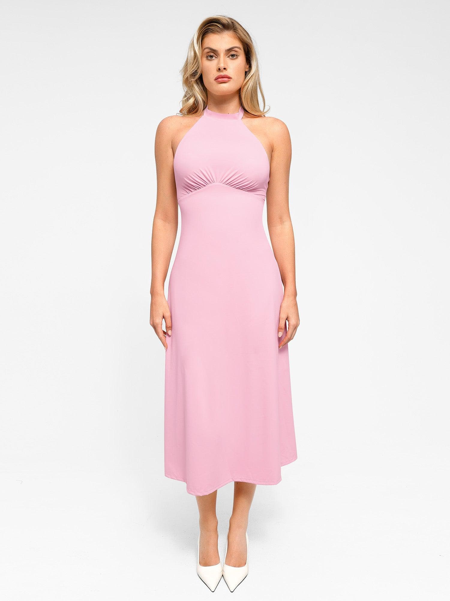 Popilush Shapewear Sculpting Backless Halter A-Line Midi Dress