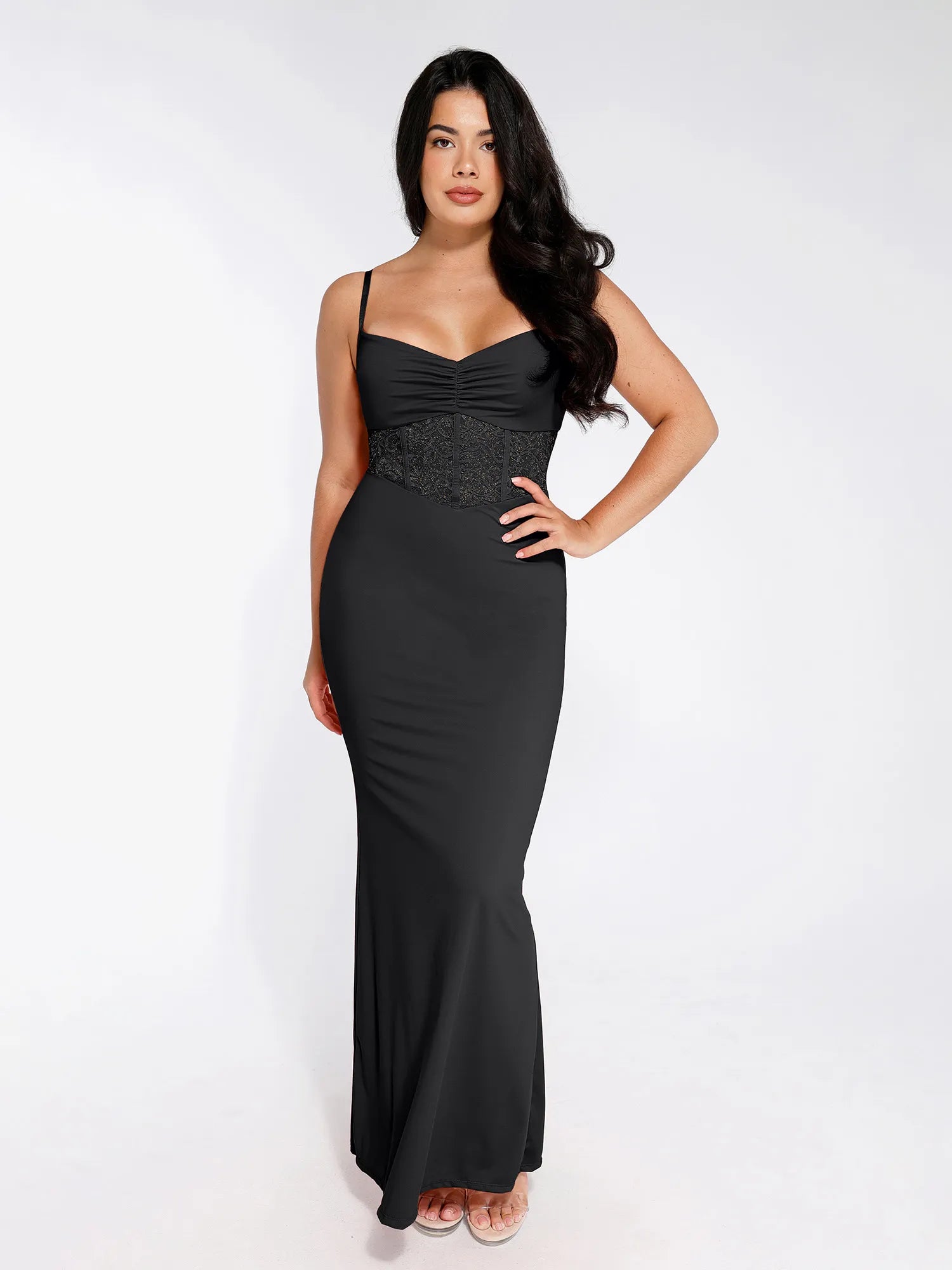 Popilush Shapewear Lace Inset Sculpting Mermaid Maxi Slip Dress
