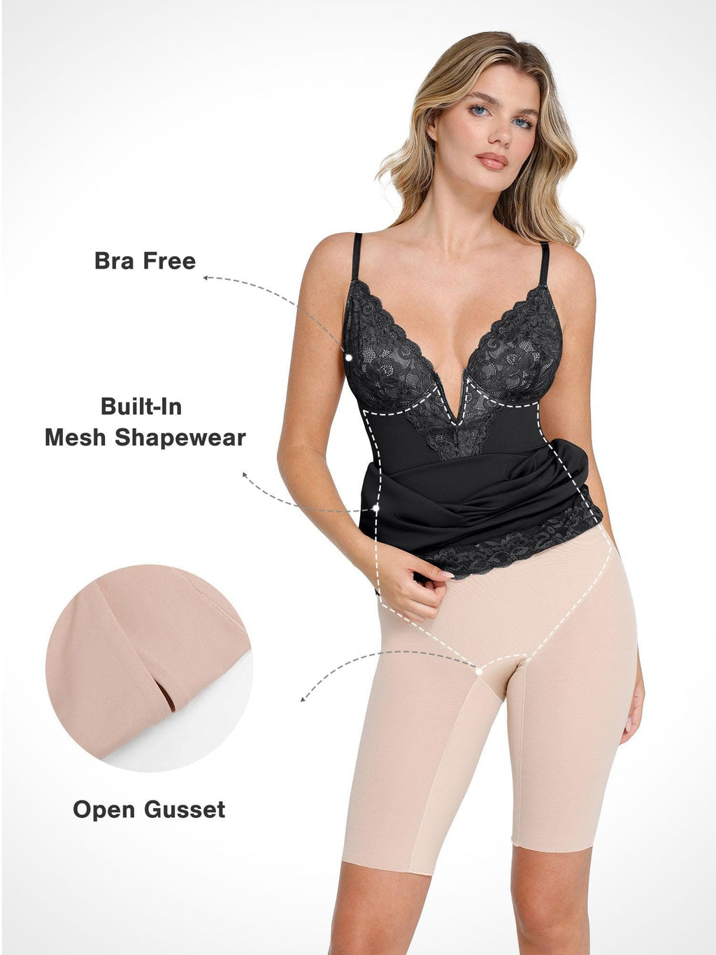 Popilush Shapewear Built-In Sculpting Lace Trim Midi Slip Dress