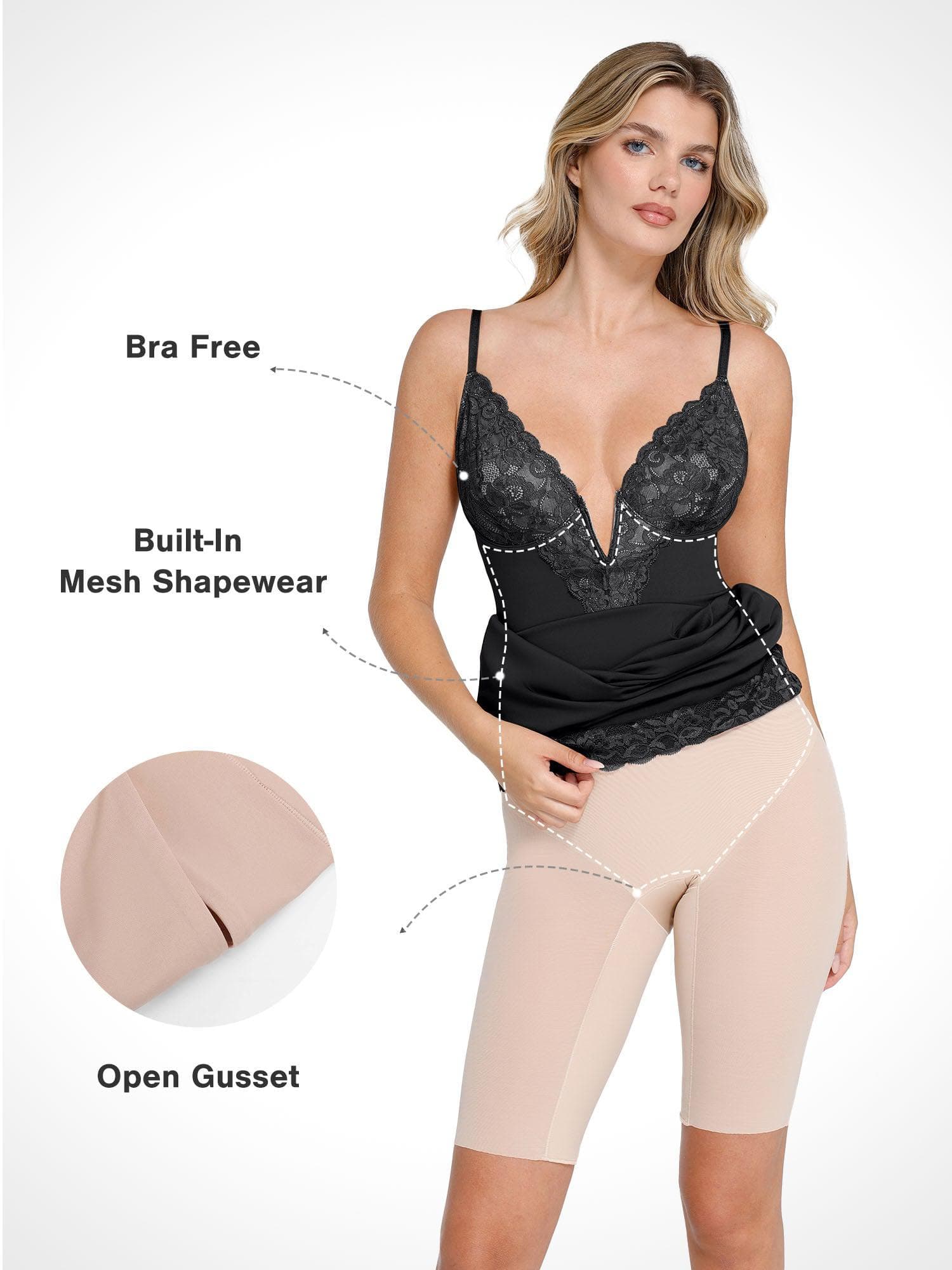 Popilush Shapewear Built-In Sculpting Lace Trim Midi Slip Dress