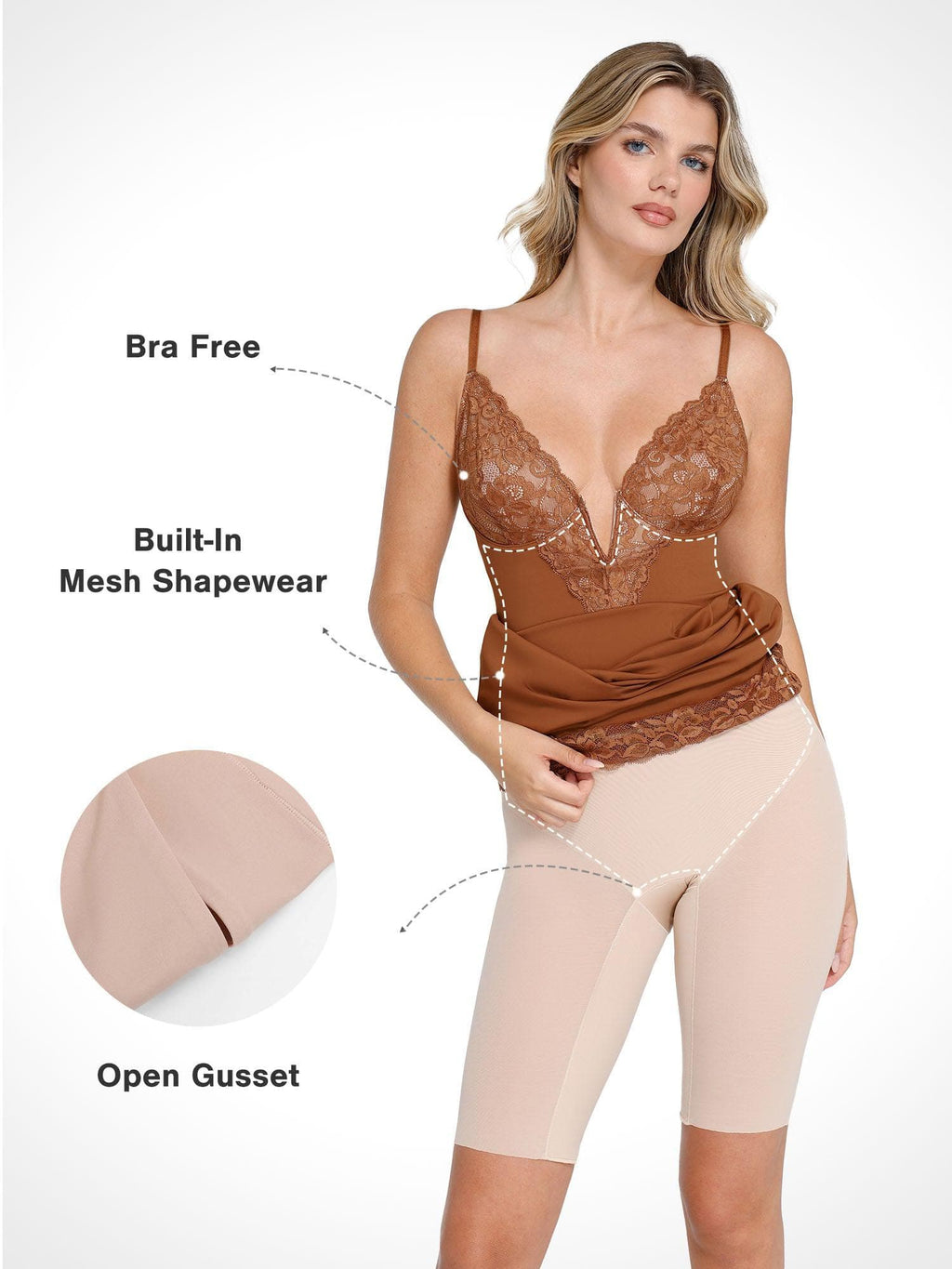 Popilush Shapewear Built-In Sculpting Lace Trim Midi Slip Dress