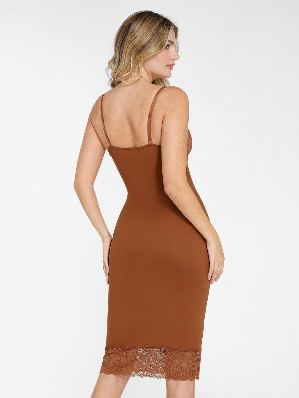 Popilush Shapewear Built-In Sculpting Lace Trim Midi Slip Dress