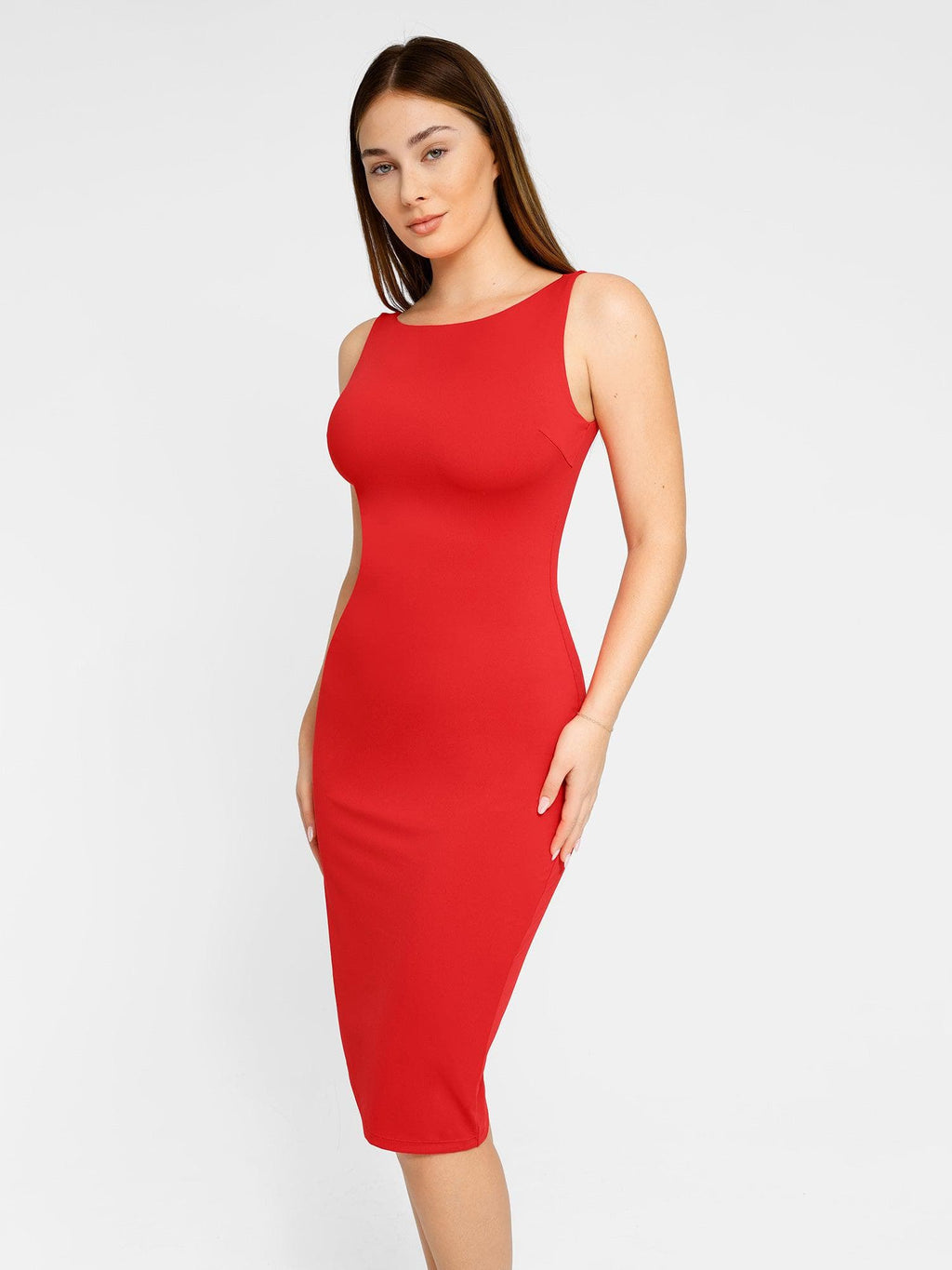 Popilush Shapewear Sleeveless Boatneck Sculpting Midi Work Dress